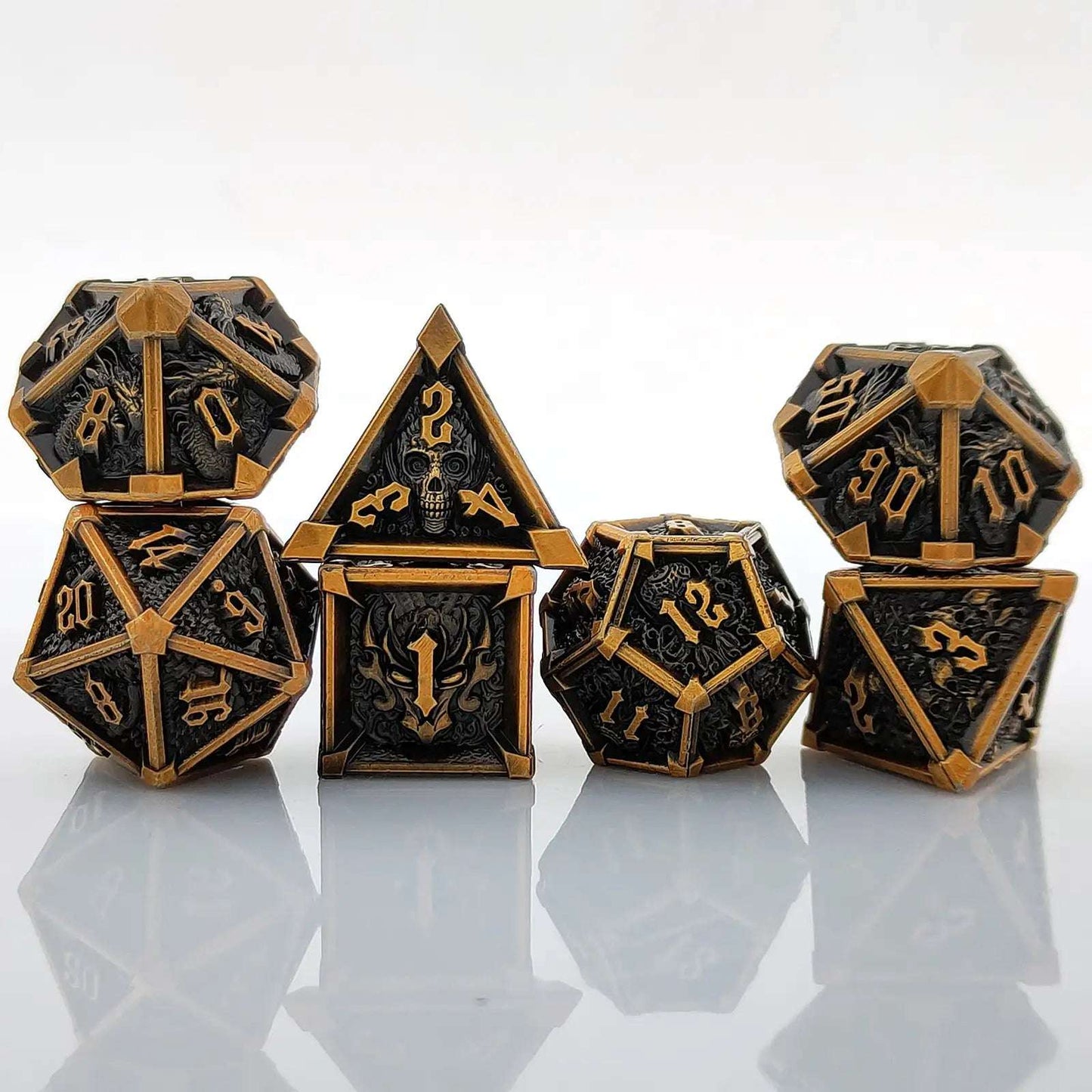 Gothic Mysticism - Starhorn gold rim black background metal dnd dice set - dragon head, skull, octopus | Bear Dice