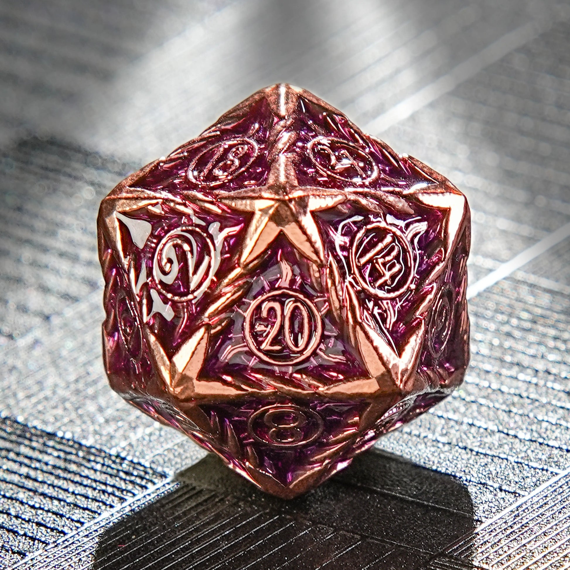 Sun Pattern Red Copper Purple Metal Solid dnd D20 Dice | Bear Dice