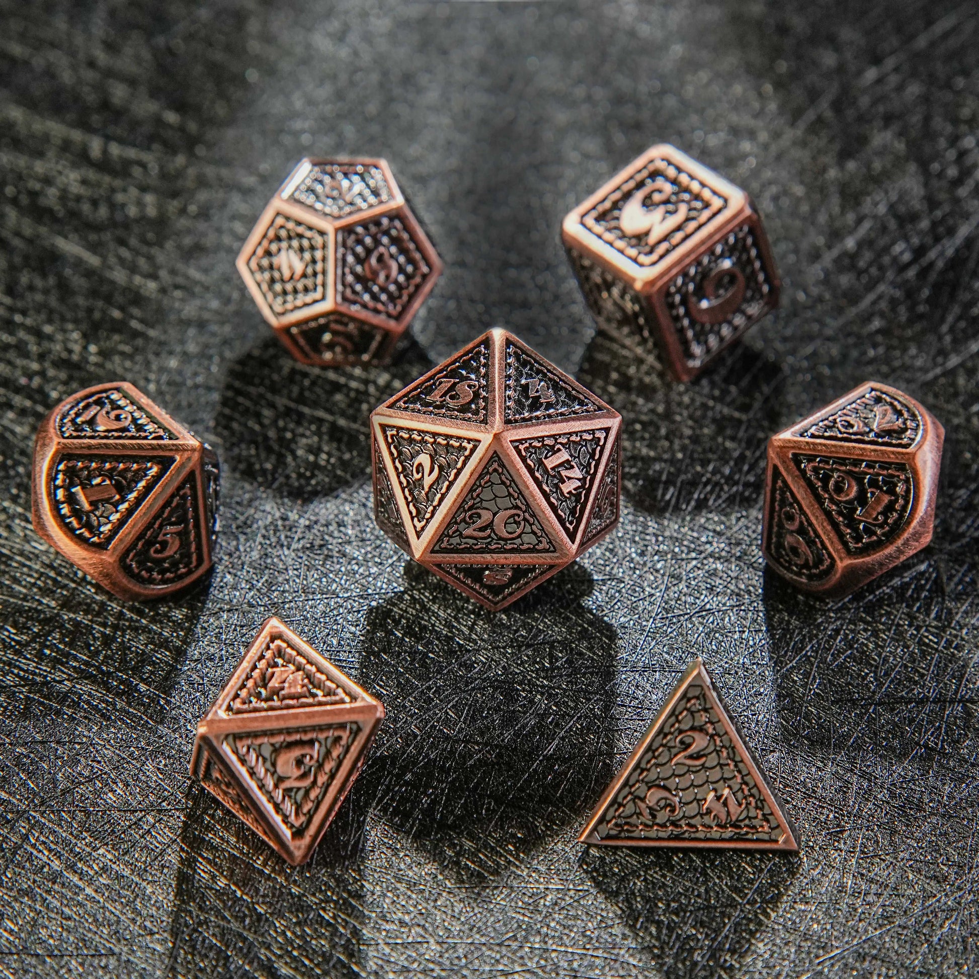 Metal solid dragon scale pattern ancient red copper dice set  | Bear Dice