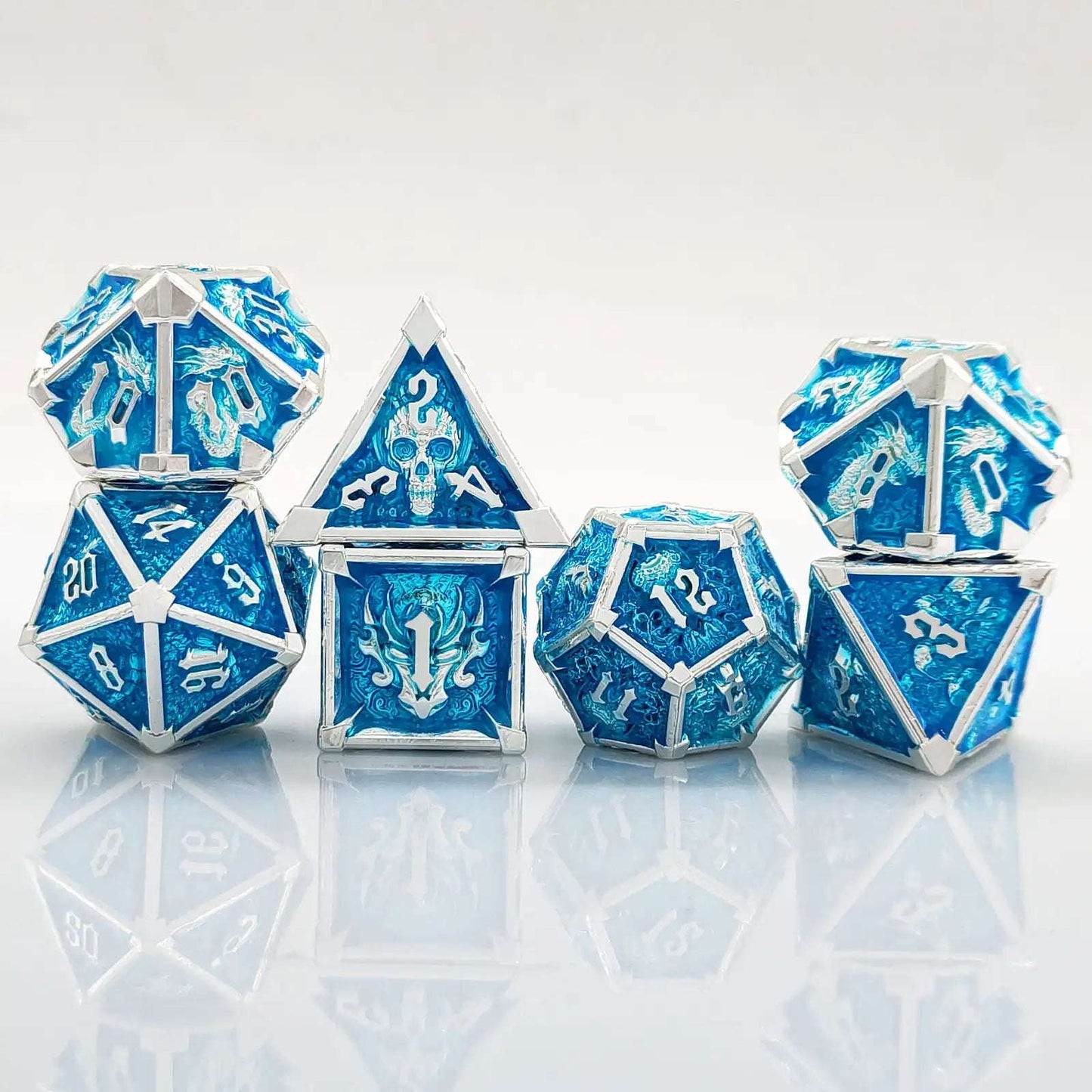 Gothic Mysticism - Star Horn Silver Edge Blue Metallic DND Dice Set - Dragon Head, Skull, Octopus | Bear Dice