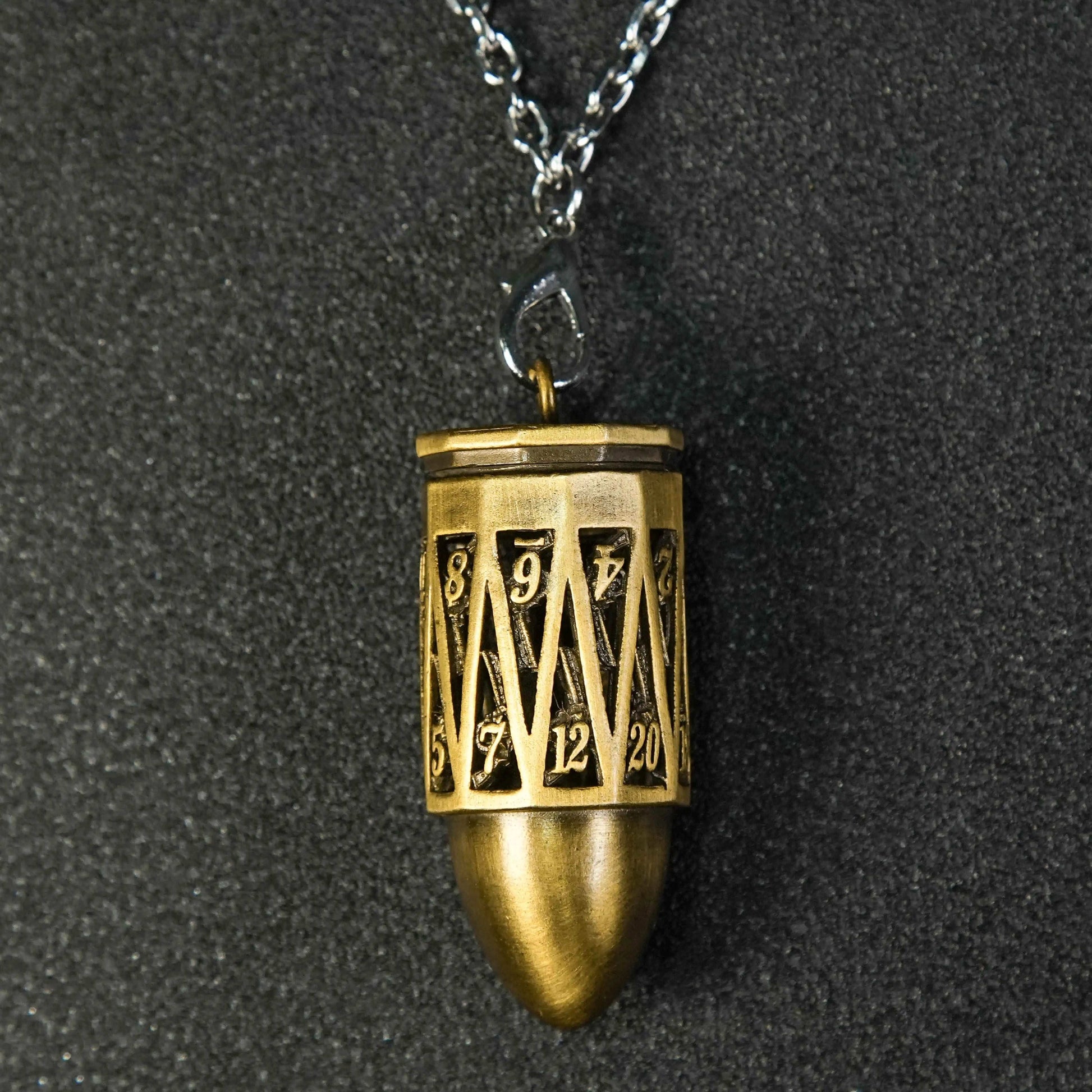 Unique Bullet Shape Antique Gold Hollow Metal D20 Dice Cage Necklace + Mini Dice Set | Bear Dice
