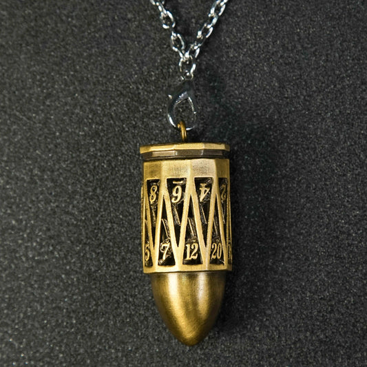 Unique Bullet Shape Antique Gold Hollow Metal D20 Dice Cage Necklace + Mini Dice Set | Bear Dice
