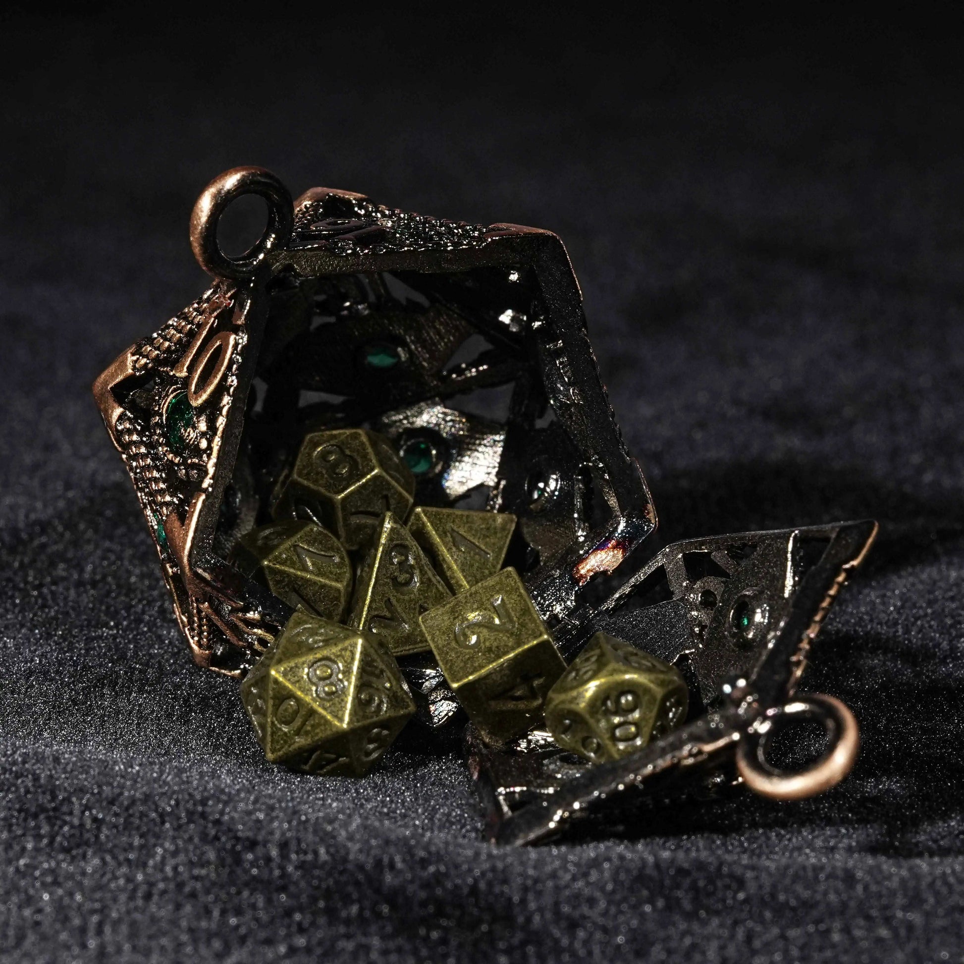 Ancient Copper with Emerald Green Gems Eye Hollow Metal Dice set | Bear Dice
