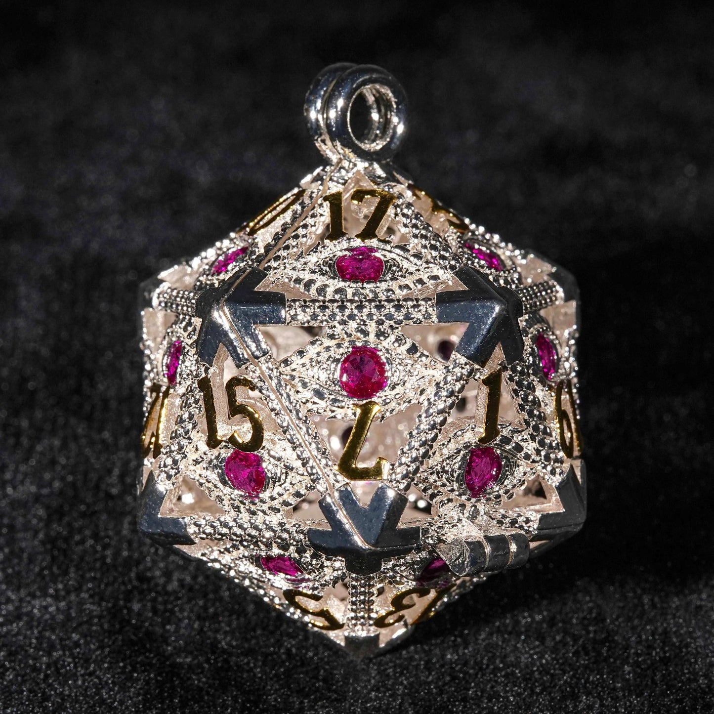 Silver Metal d20 Dice Cage Necklace Set Ruby Dragon's Eye | Bear Dice
