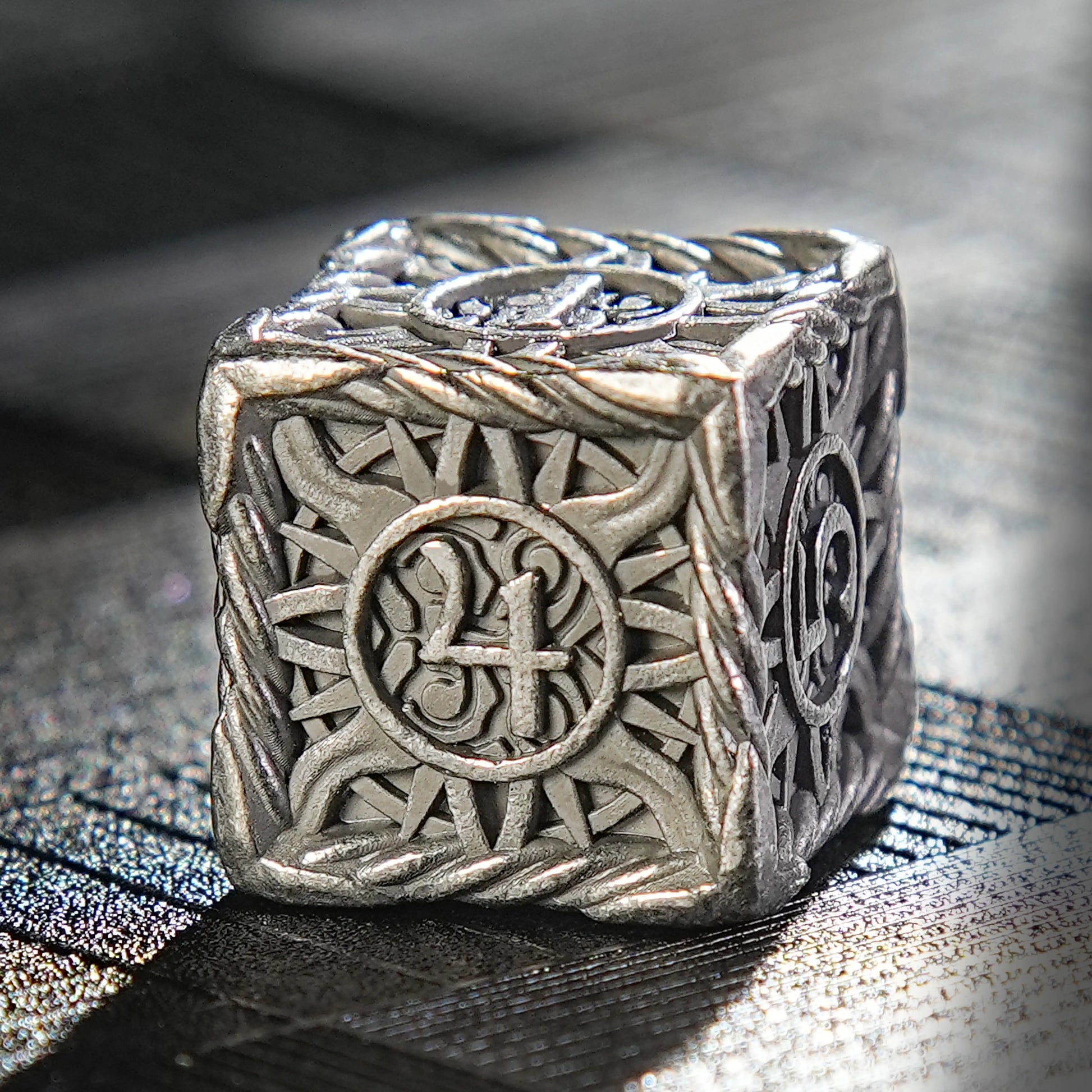 DND Antique Nickel Sun Metal Polyhedron  D6 Dice | Bear Dice