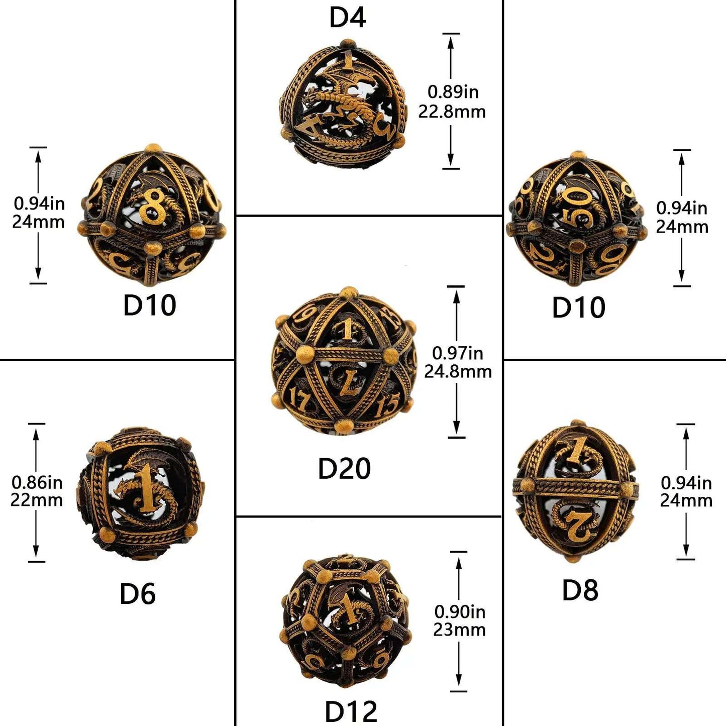 Pteranodon Round Bloodstained Hollow Metal D&D Dice Set Size Chart | Bear Dice
