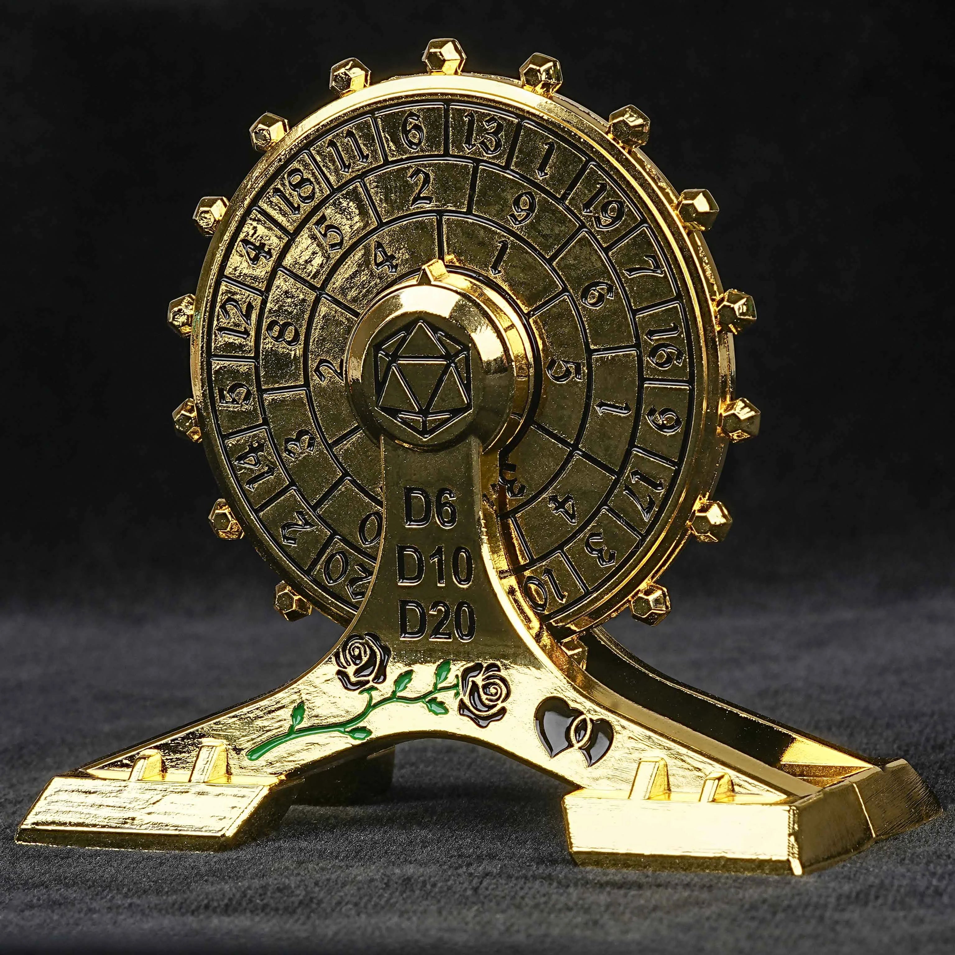 Metal DND Unique Dice: Gold Rose Ferris Wheel Spin Dice - D6, D10, D20 | Bear Dice