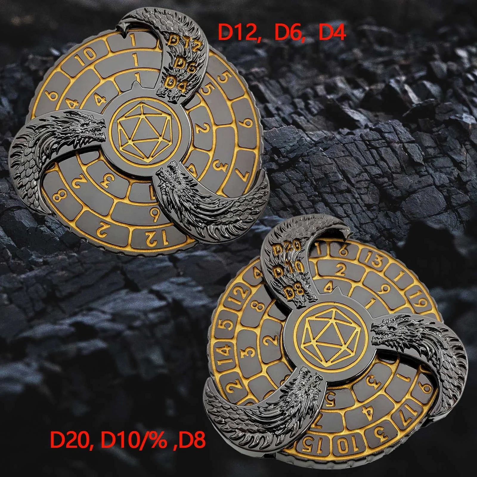 Unique dnd Spin Roulette Dice: Black Nickel Gold 7 in 1 Fidget Spinner Metal Dice Including D4, D6, D8, D10, D%, D12, D20 | Bear Dice