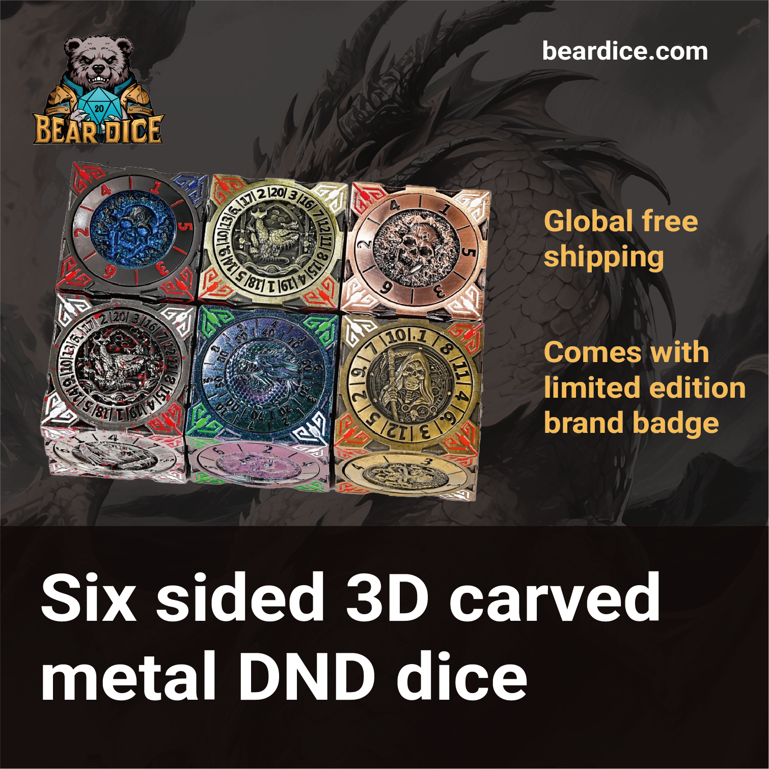 Cool Table Game Dice Spinner: 7-in-1 Metal Solid Cube Six-Sided 3D carvedmetal DND dice | Bear Dice