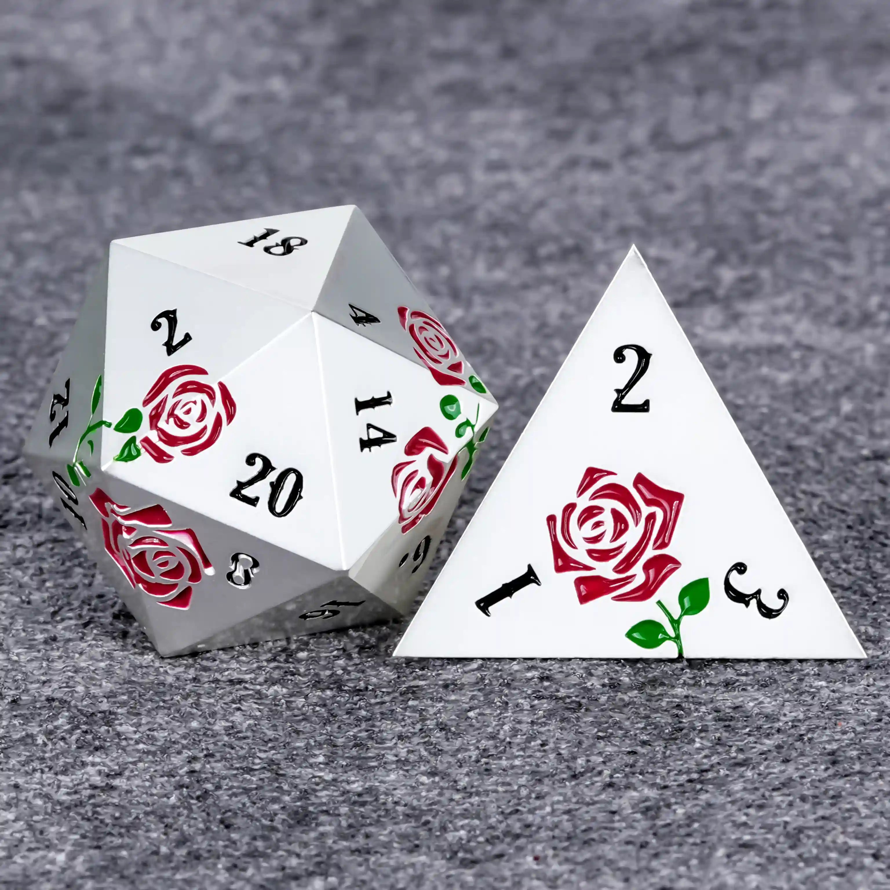 DND Dice Rose Flower Silver and Red Metal Dice D20 D4 Dice Valentine's Day Gift | BearDice