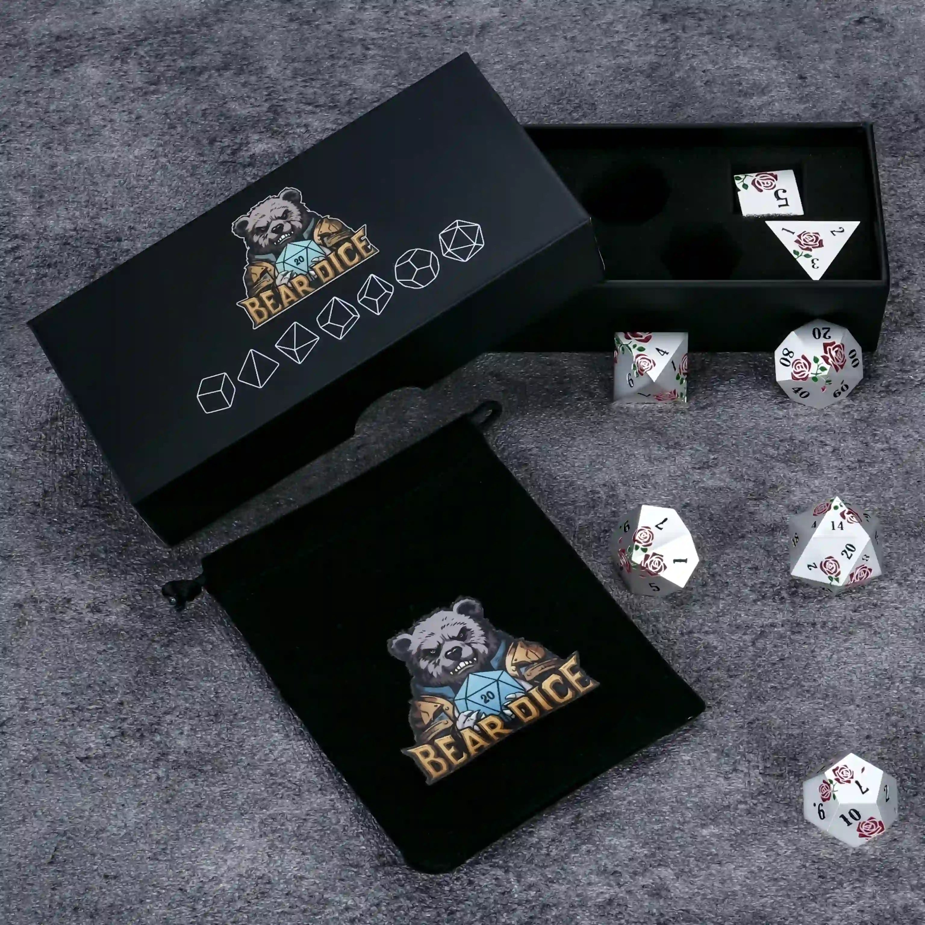 Silver and Red DND Dice Rose Metal Dice Set with Exquisite Packaging Image | BearDice