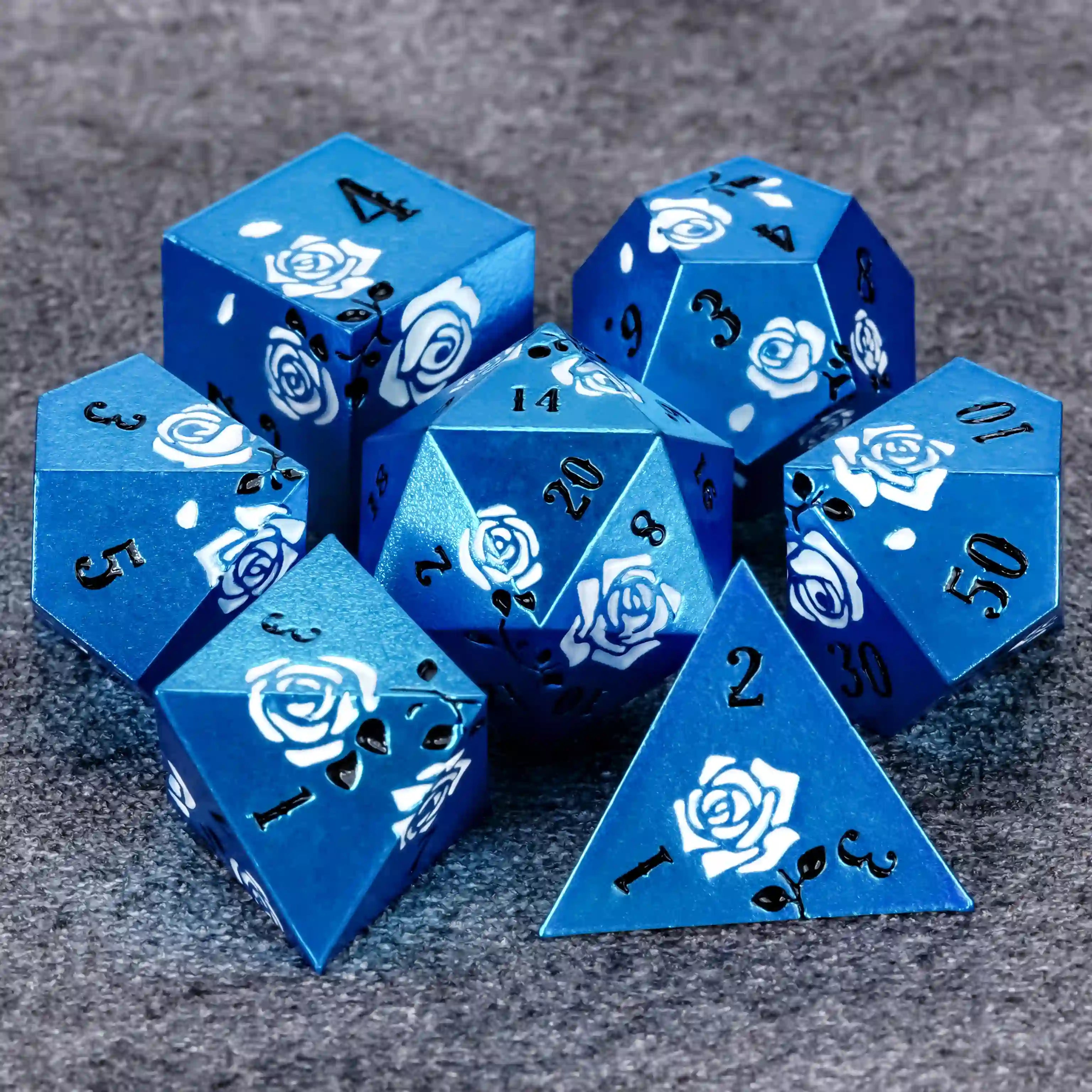 Rose Flower DND Dice Blue Metal Dice Set Valentine's Day Gift | BearDice