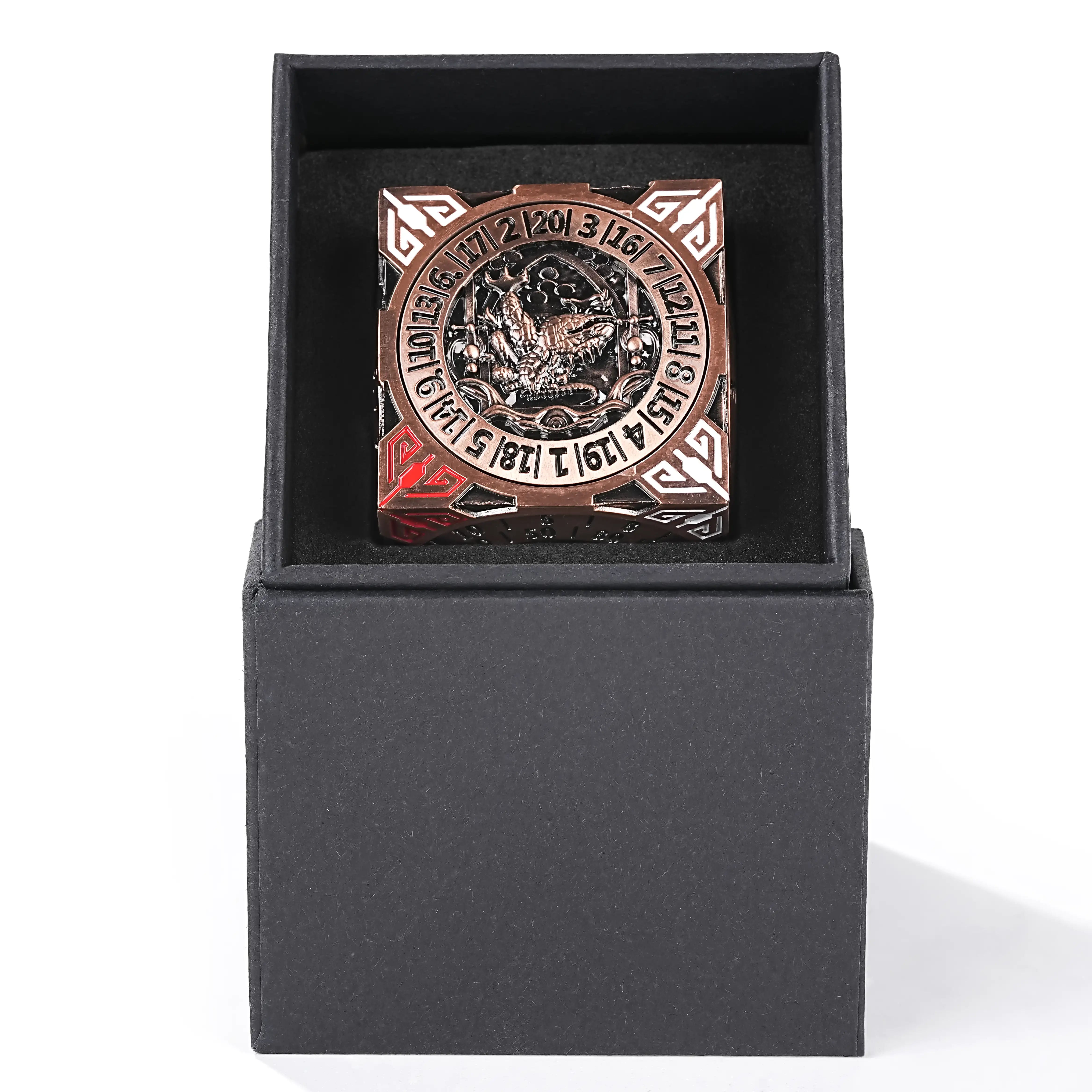 Cool antique red copper 7 in 1 metal solid cube six-sided round spinning roulette dice + Dice Box | Bear Dice