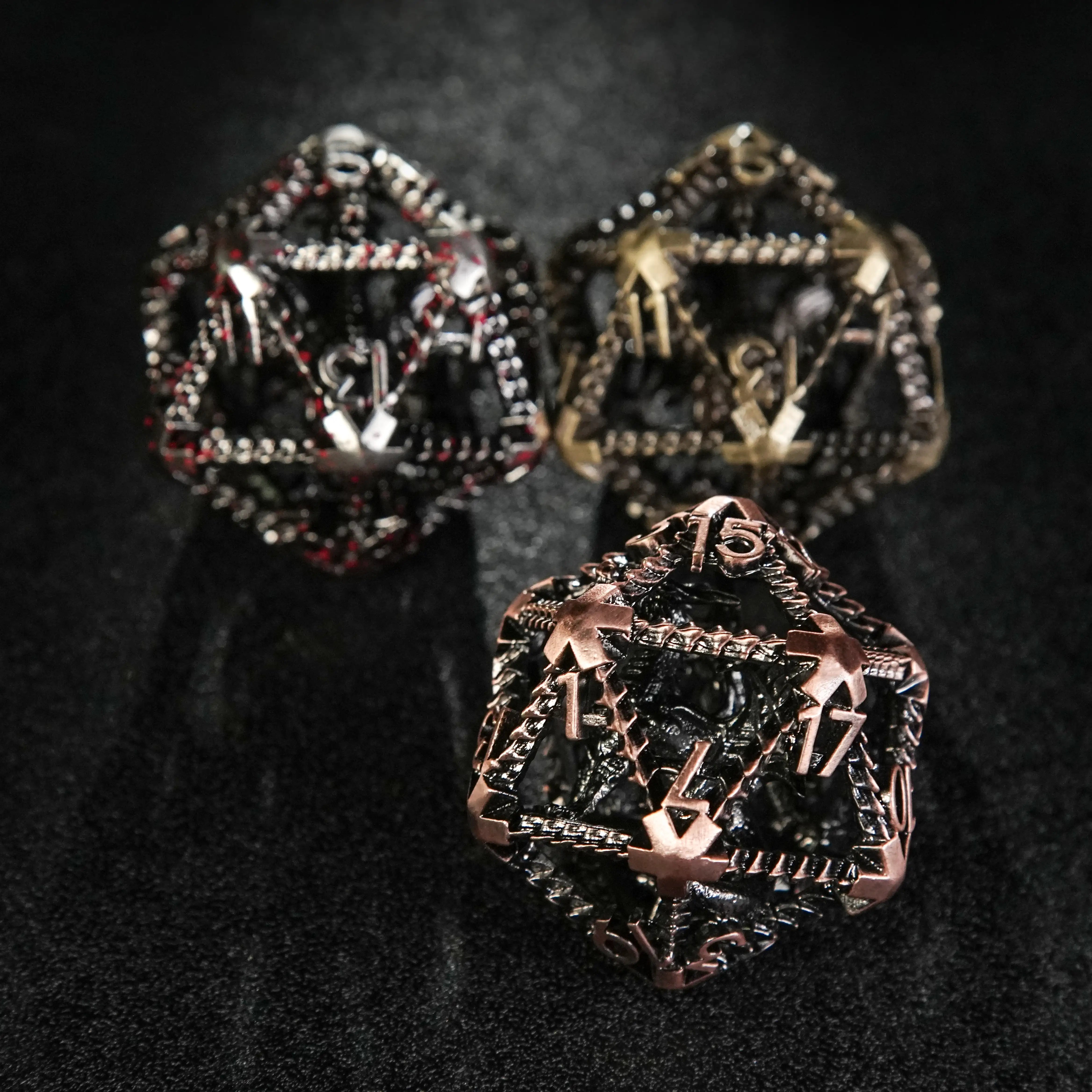 3D Metal Flying Dragon Ancient Gold Hollow D20 Polyhedron Dice close-up 40mm | Bear Dice