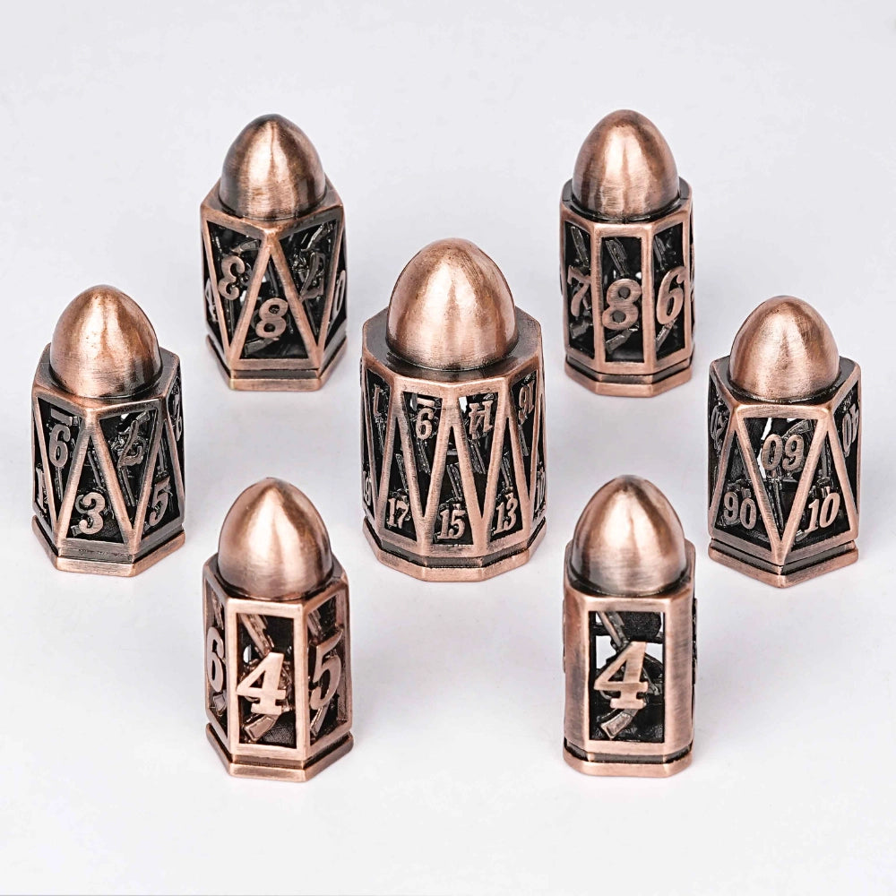Cool metal hollow pistol antique copper round tip DND bullet dice set | Bear Dice
