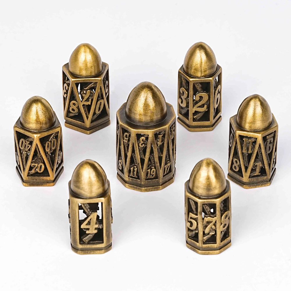 Cool metal hollow pistol antique gold round tip bullet dice set | Bear Dice