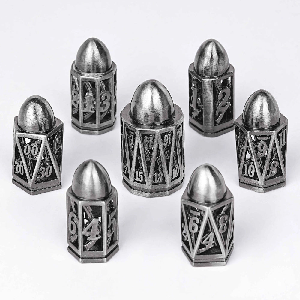 Cool metal hollow pistol antique nickel round tip bullet dice set | Bear Dice