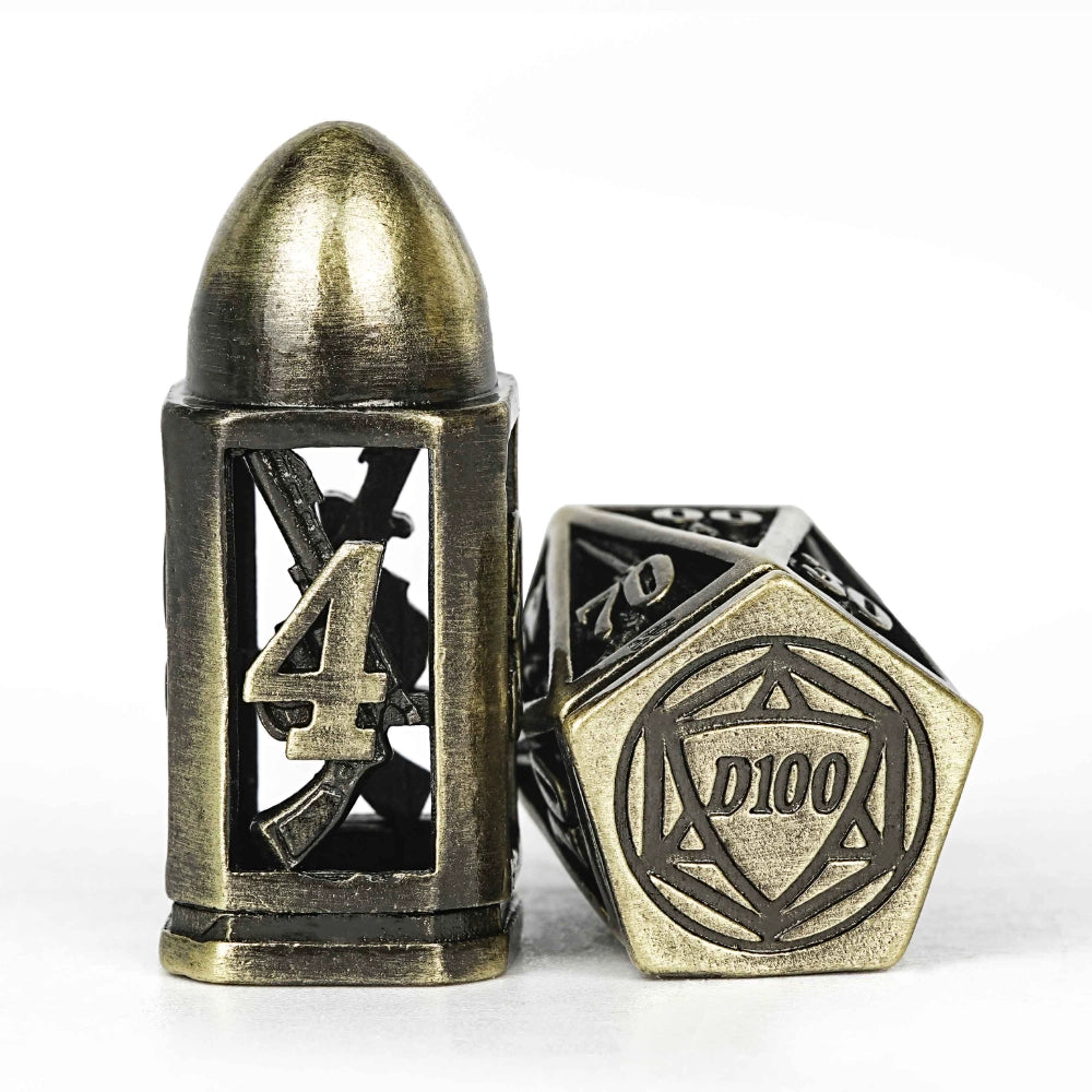 Cool metal hollow pistol bronze round pointed bullet dice set - bullet D4 dice, D100 dice | Bear Dice