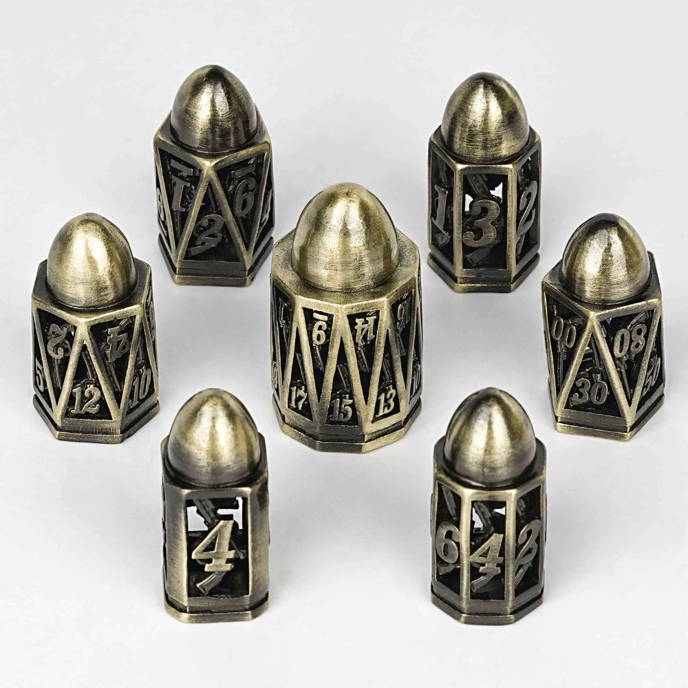 Cool Metal Hollow Pistol Bronze Round Point Bullet Dice Set | Bear Dice