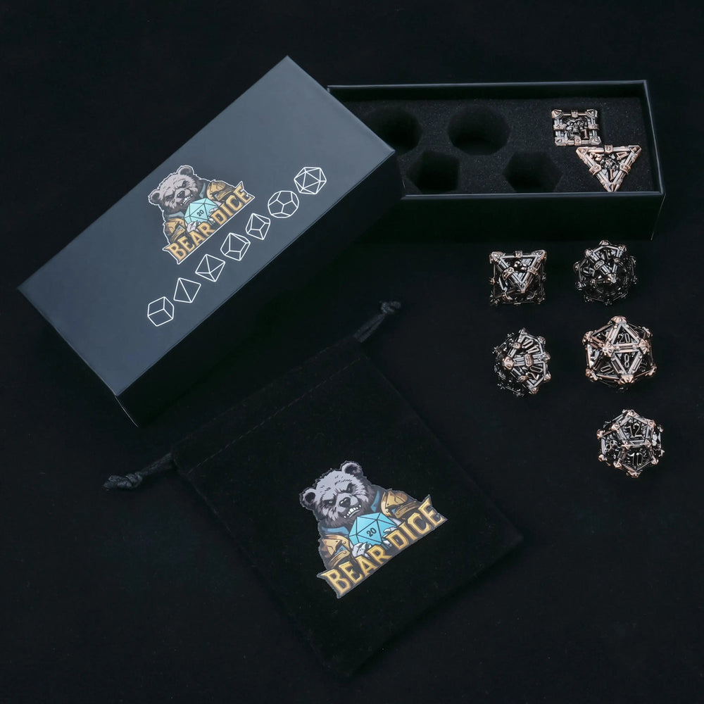 Metallic Skull DND Dice Set with a Black Sponge-Lined Dice Case and a Black Velvet Drawstring Dice Bag | Bear Dice