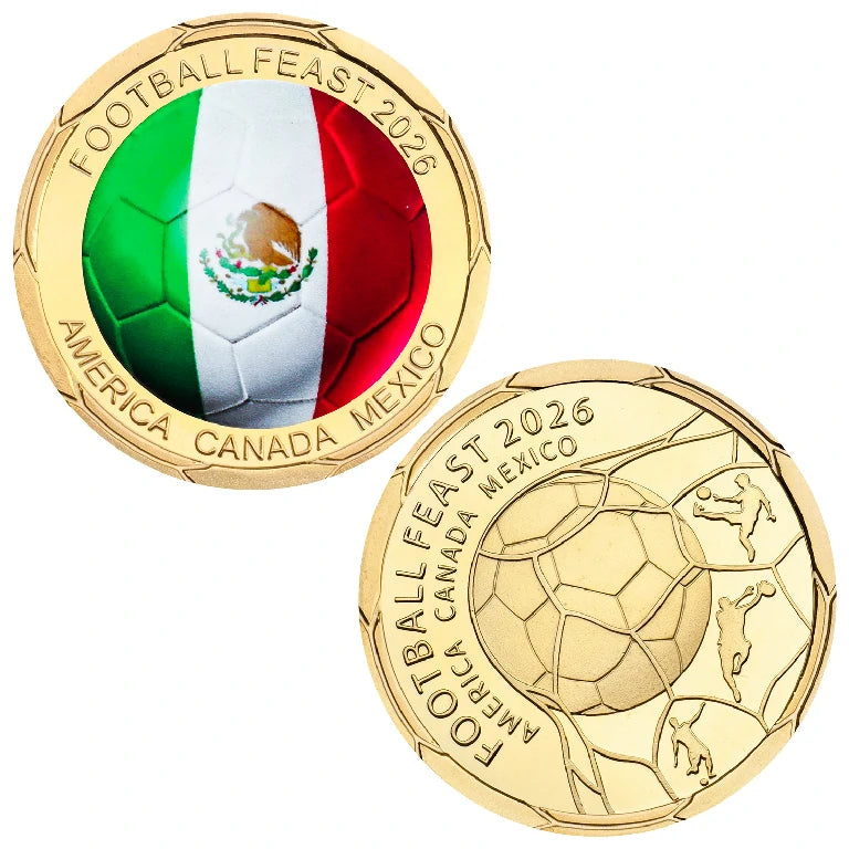 Mexico World Cup Soccer Flag Metal Coin – Obverse features the Mexican flag; reverse features a 2026 World Cup soccer design | Bear Dice