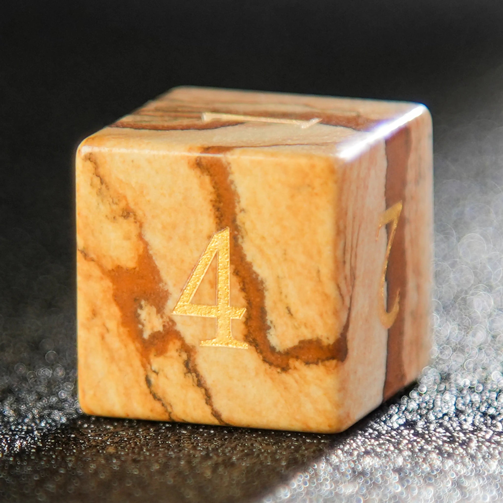Muddy yellow rock texture DND natural stone D6 dice with gold numbers | Bear dice