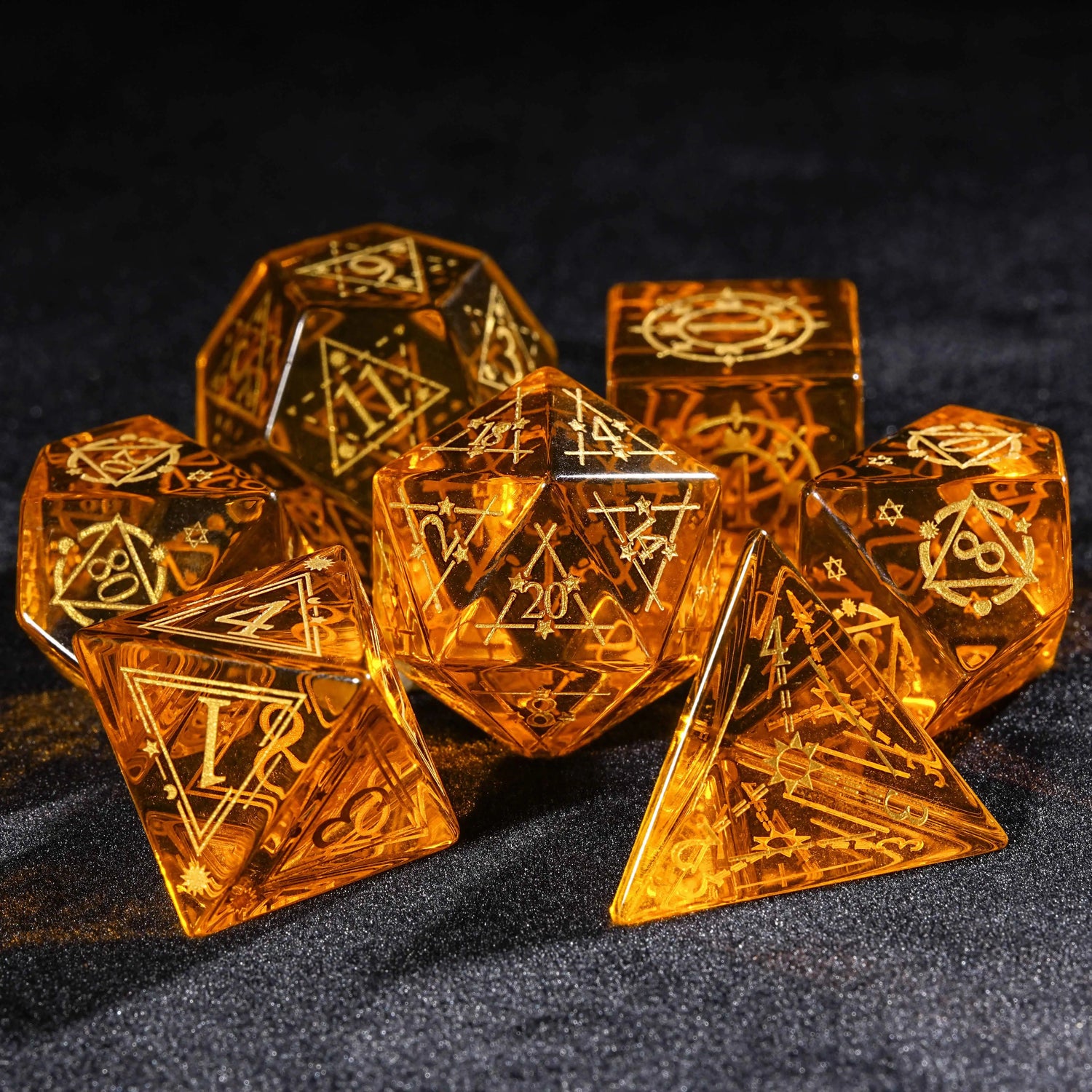 Orange glass astrology pattern D&D dice set | Bear Dice