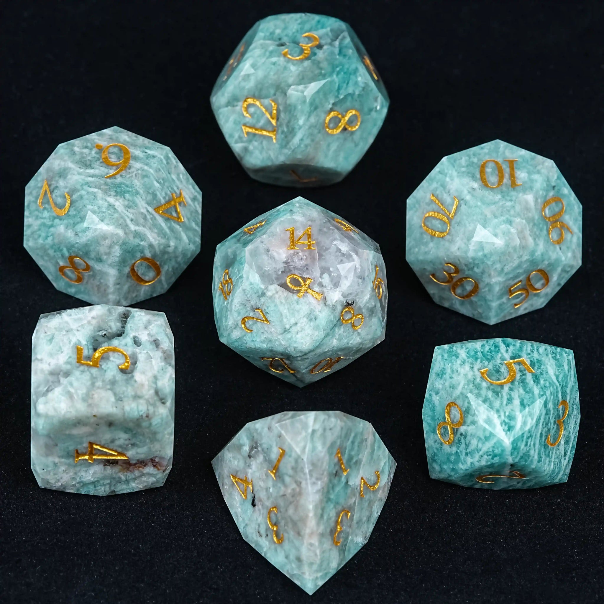 Kickstarter Dice - Natural Amazonite DND Dice Set, engraved with the Key of Life pattern | Bear Dice