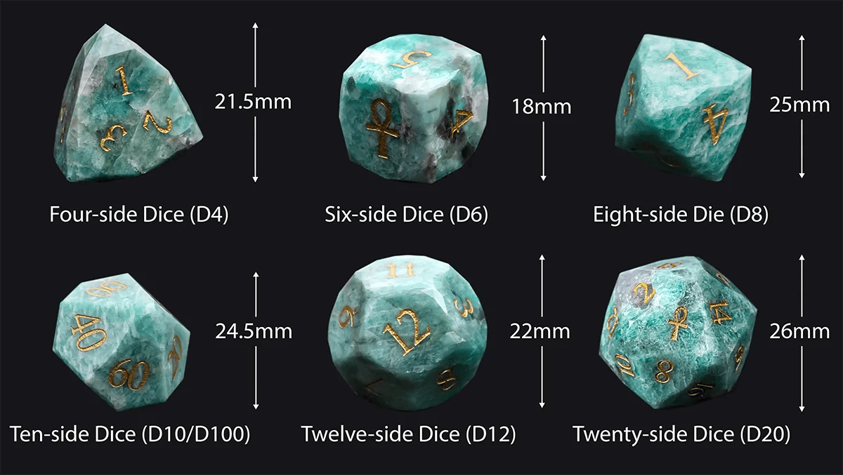 Natural Amazonite DND Dice Set, engraved with the Key of Life pattern - Sizes: D4≈21.5 mm; D6≈18 mm; D8≈25 mm; D10/D%≈24.5 mm; D12≈22 mm; D20≈26 mm | Bear Dice