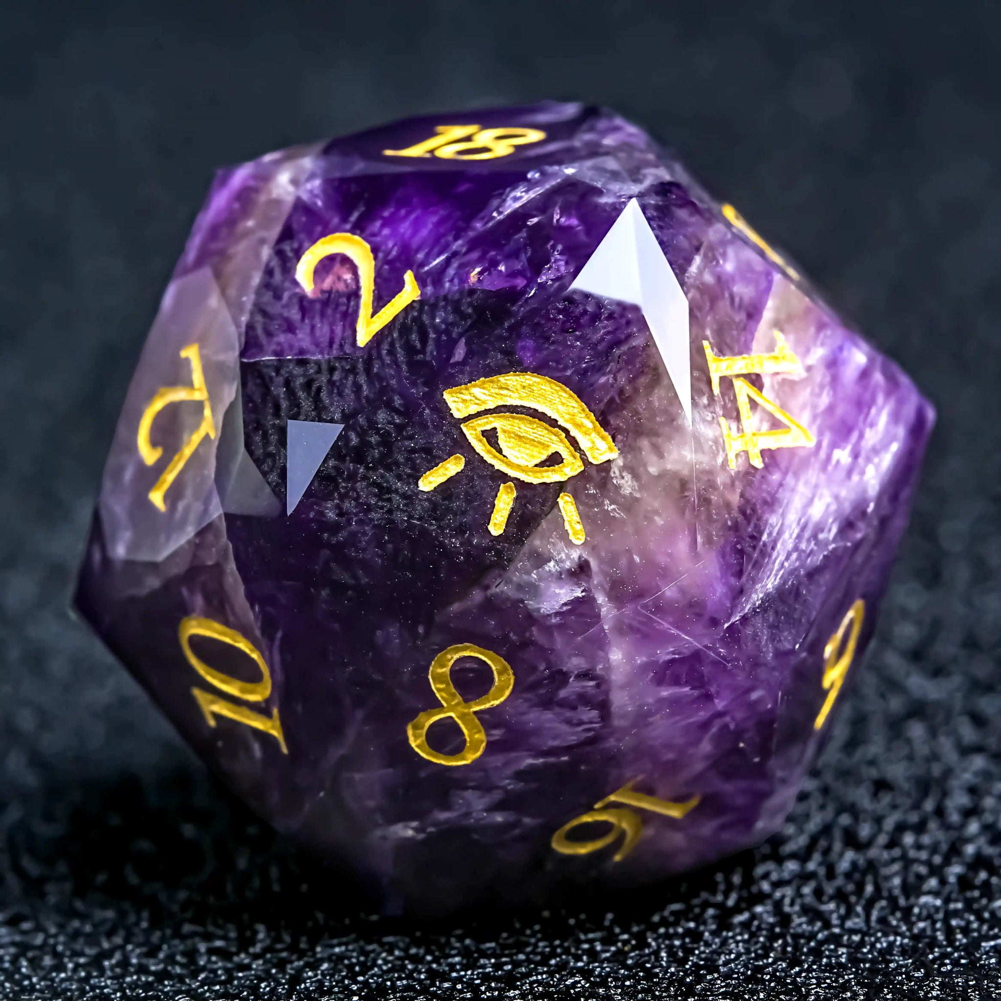 Kickstarter Dice - Natural Amethyst DND D20 Dice, Engraved with the All-Seeing Eye Pattern | Bear Dice