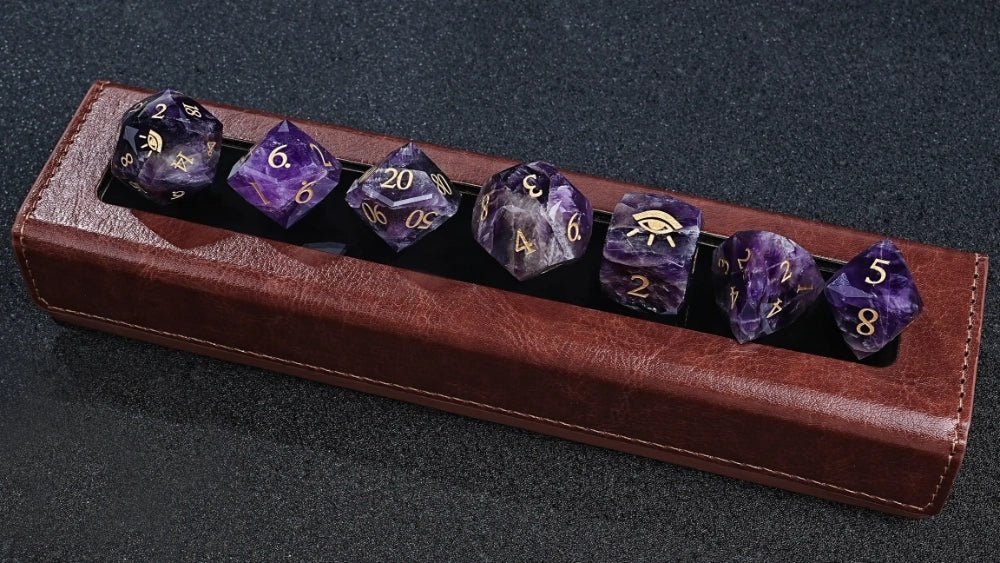 Natural Amethyst DND Dice Set Engraved with the All-Seeing Eye Pattern, Comes with a Rectangular Leather Transparent Dice Display Case | Bear Dice