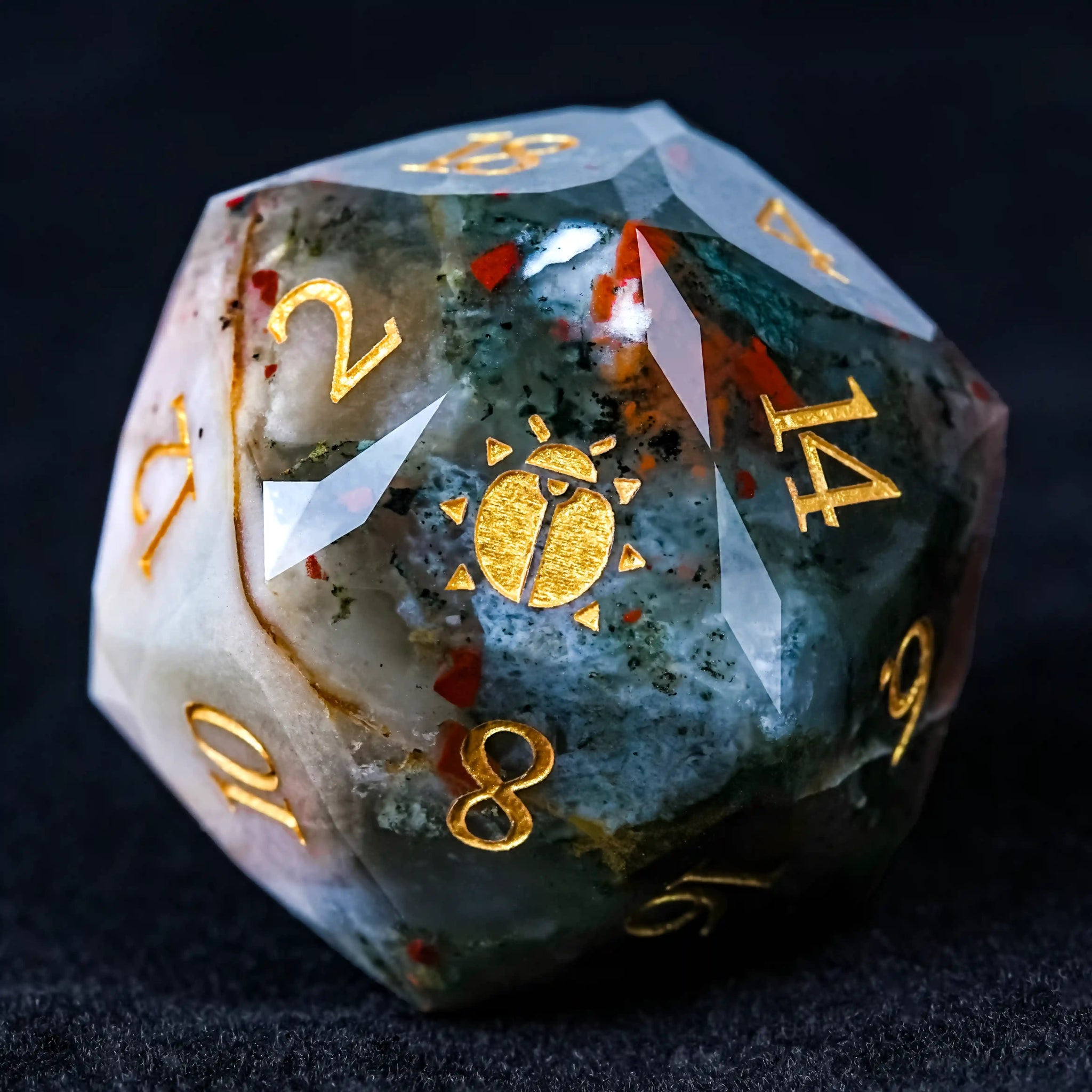 Kickstarter Dice - Natural Bloodstone DND D20 Dice, engraved with Khepri's Blessing - Scarab Beetle Pattern | Bear Dice
