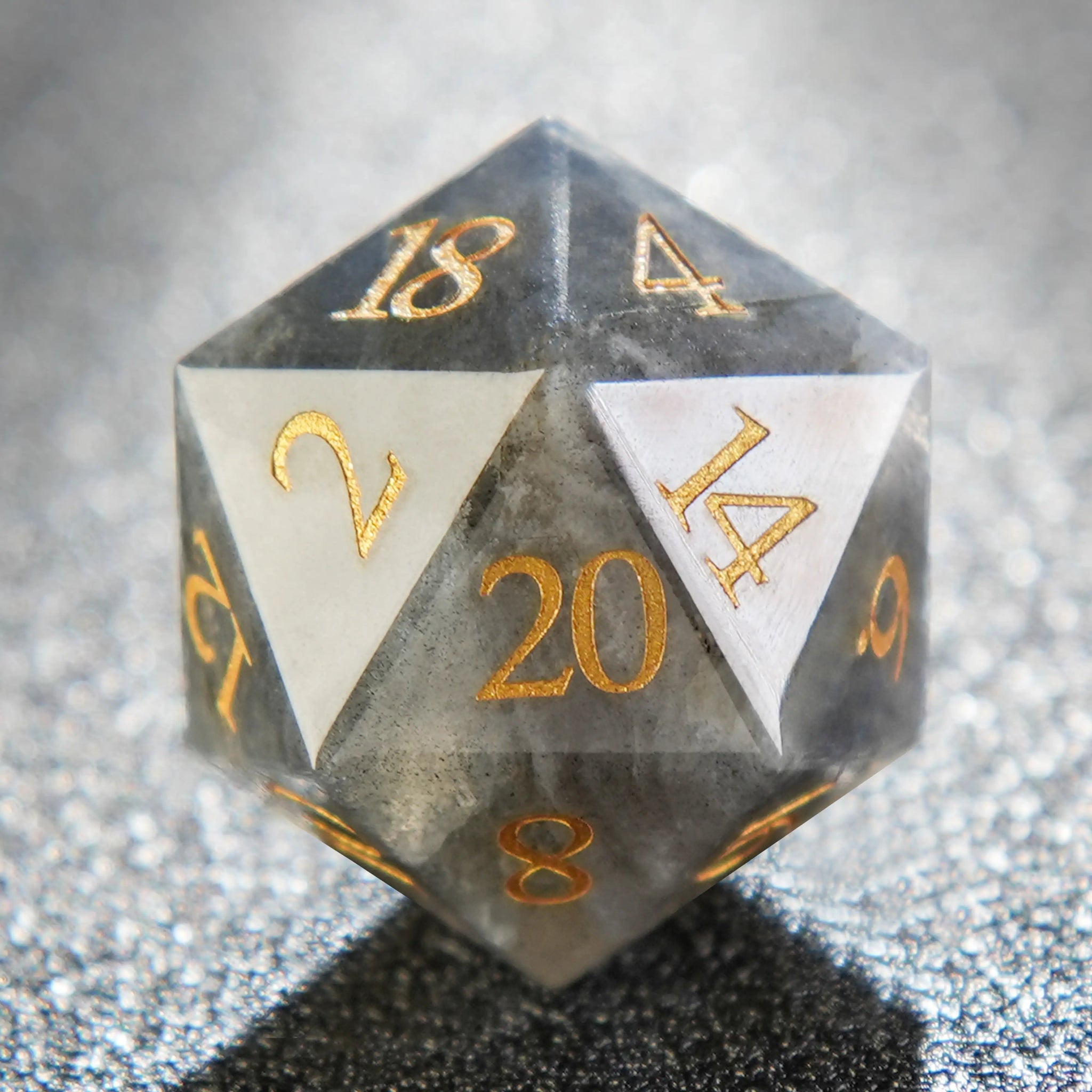 Natural Gray Marble D&D Gemstone D20 Dice with Gold Font | Bear Dice