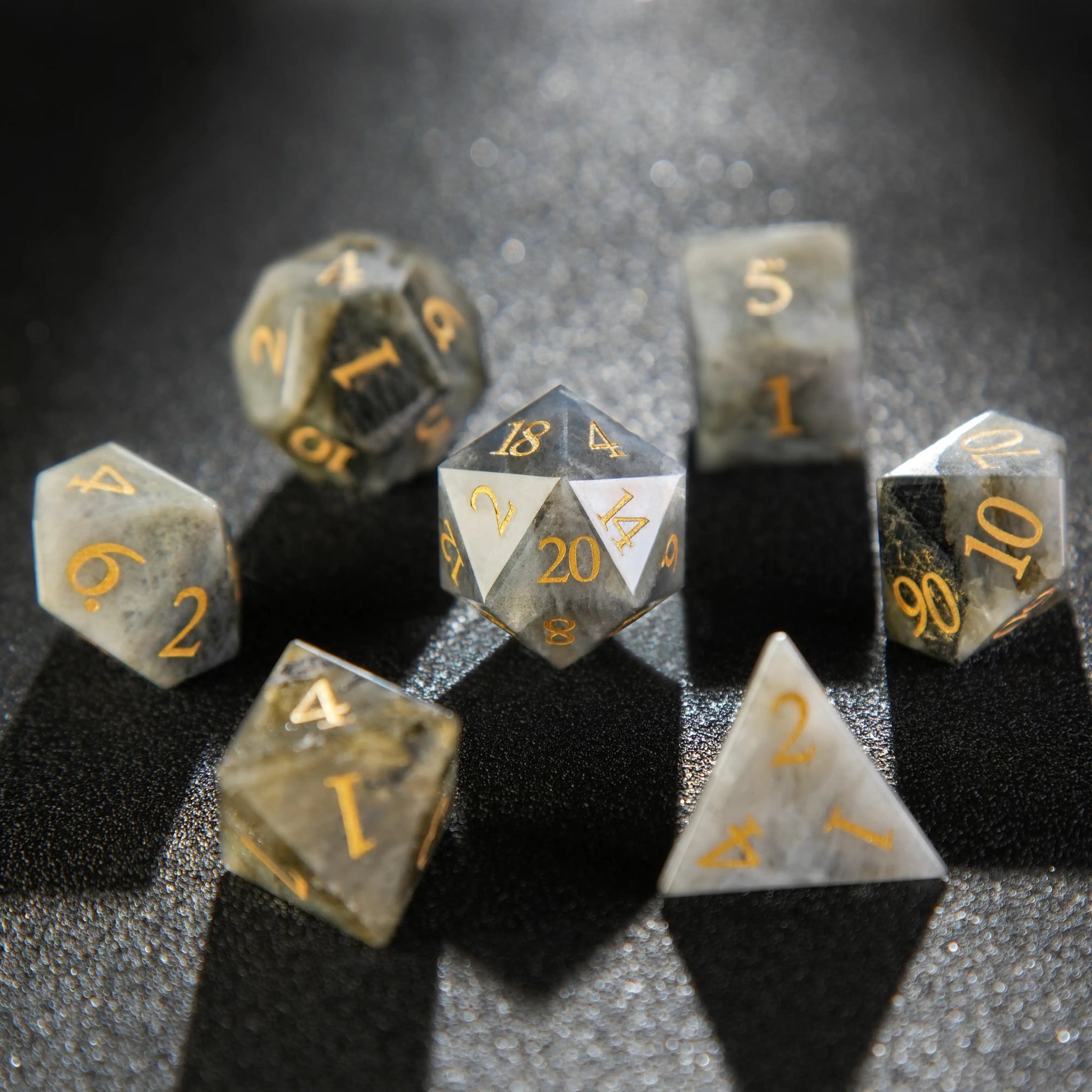 Natural Gray Marble D&D Gemstone Dice Set with Gold Font | Bear Dice
