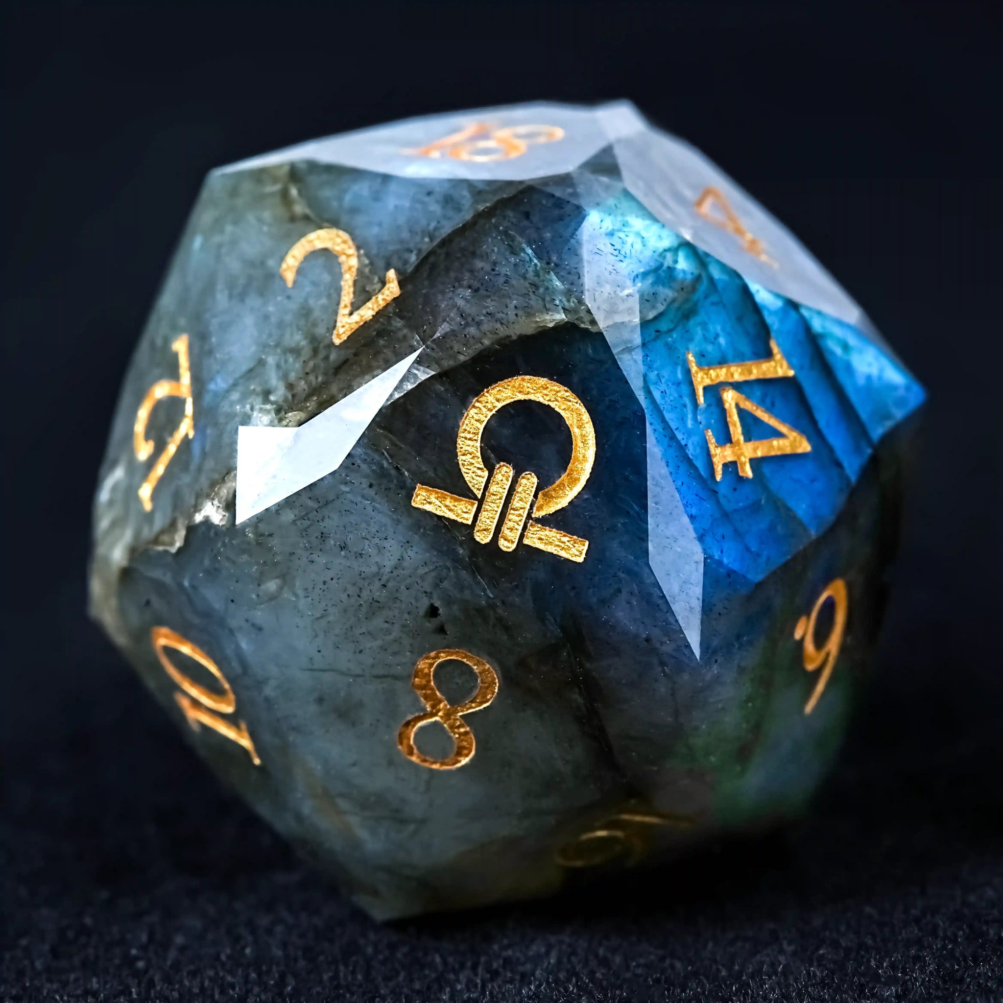 Kickstarter Dice - Natural Labradorite DND D20 Dice, Engraved with a Ring of Order Pattern | Bear Dice