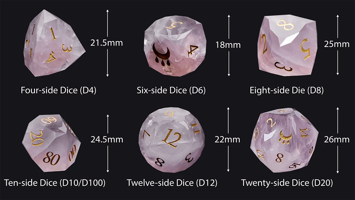 Natural Rose Quartz DND Dice Set Engraved with The Gift of the Nile - Sizes: D4≈21.5 mm; D6≈18 mm; D8≈25 mm; D10/D%≈24.5 mm; D12≈22 mm; D20≈26 mm | Bear Dice