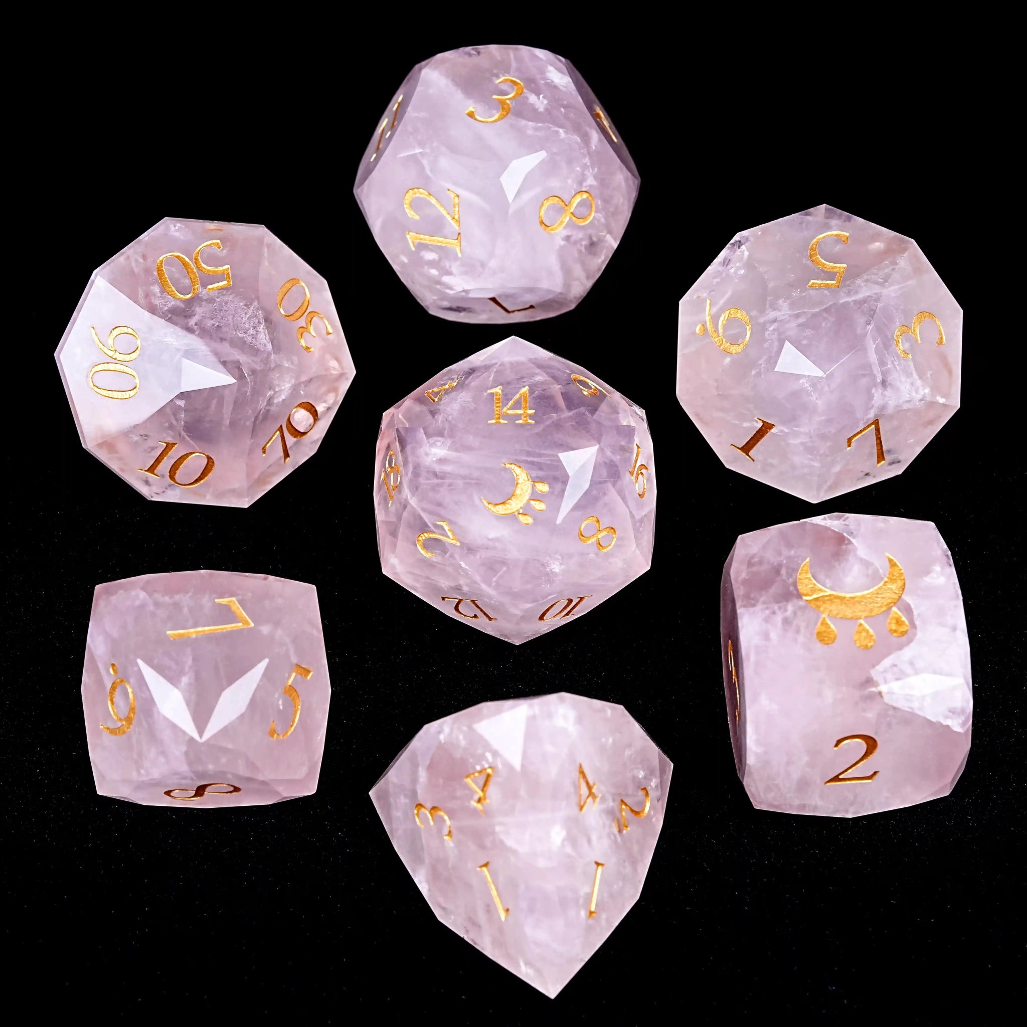 Kickstarter Dice - Natural Rose Quartz DND Dice Set Engraved with the Gift of the Nile Pattern | Bear Dice