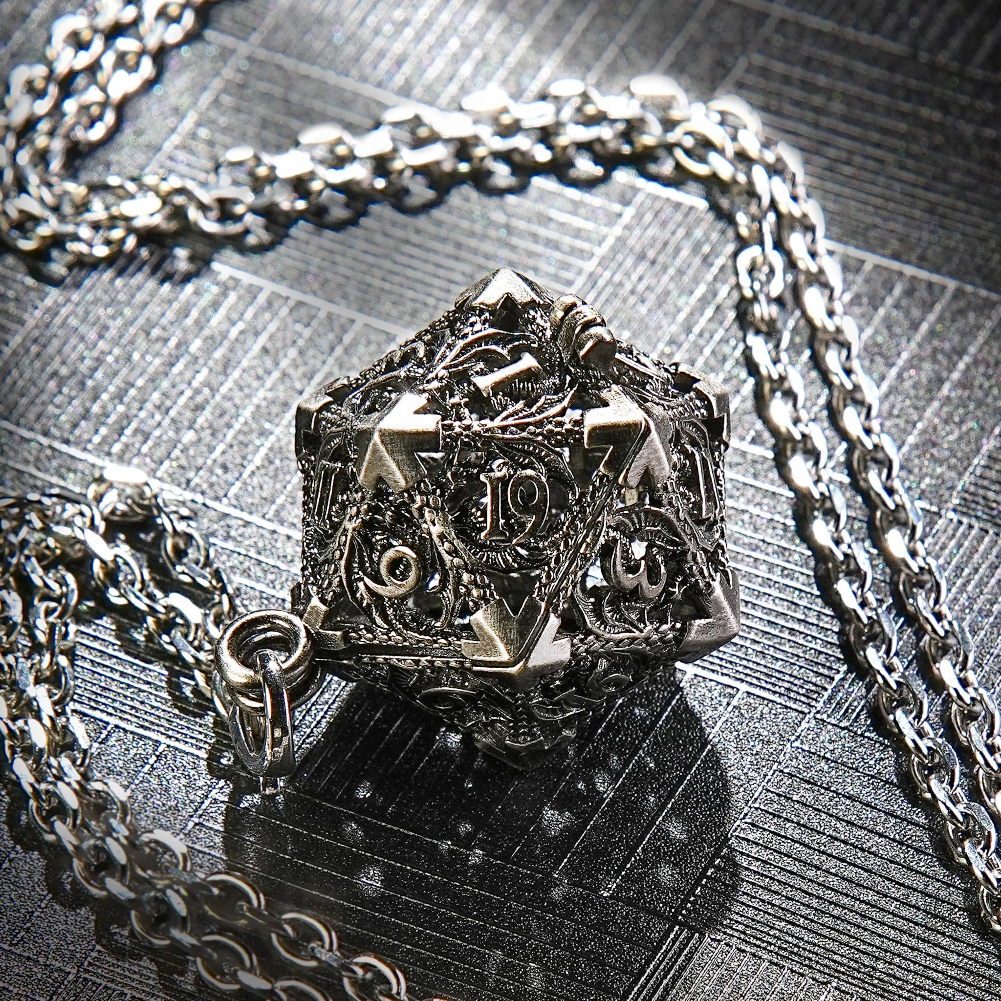 Nickel Metal Hollow D20 Dragon Dice Cage Necklace + DND Mini Metal Dice Set | Bear Dice