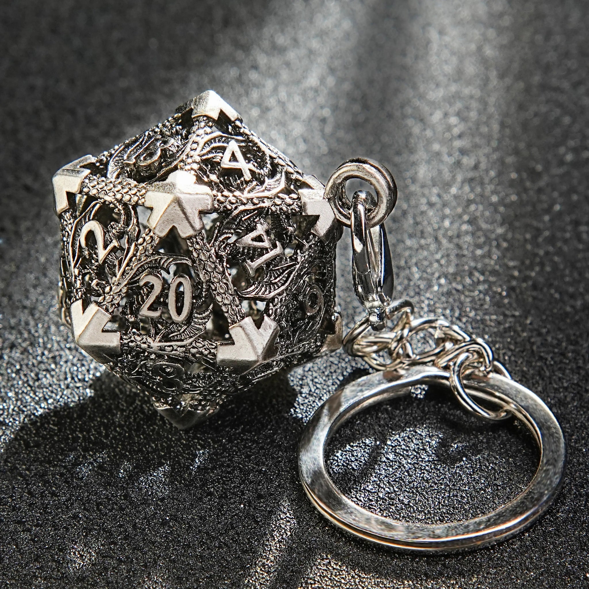 Nickel Metal Hollow D20 Dragon Dice Cage Keychain  | Bear Dice