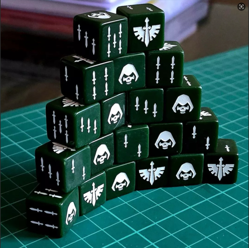 Dark Angels Winged Sword Dice – Warhammer 40K Green Acrylic D6 Set with Dagger Pips