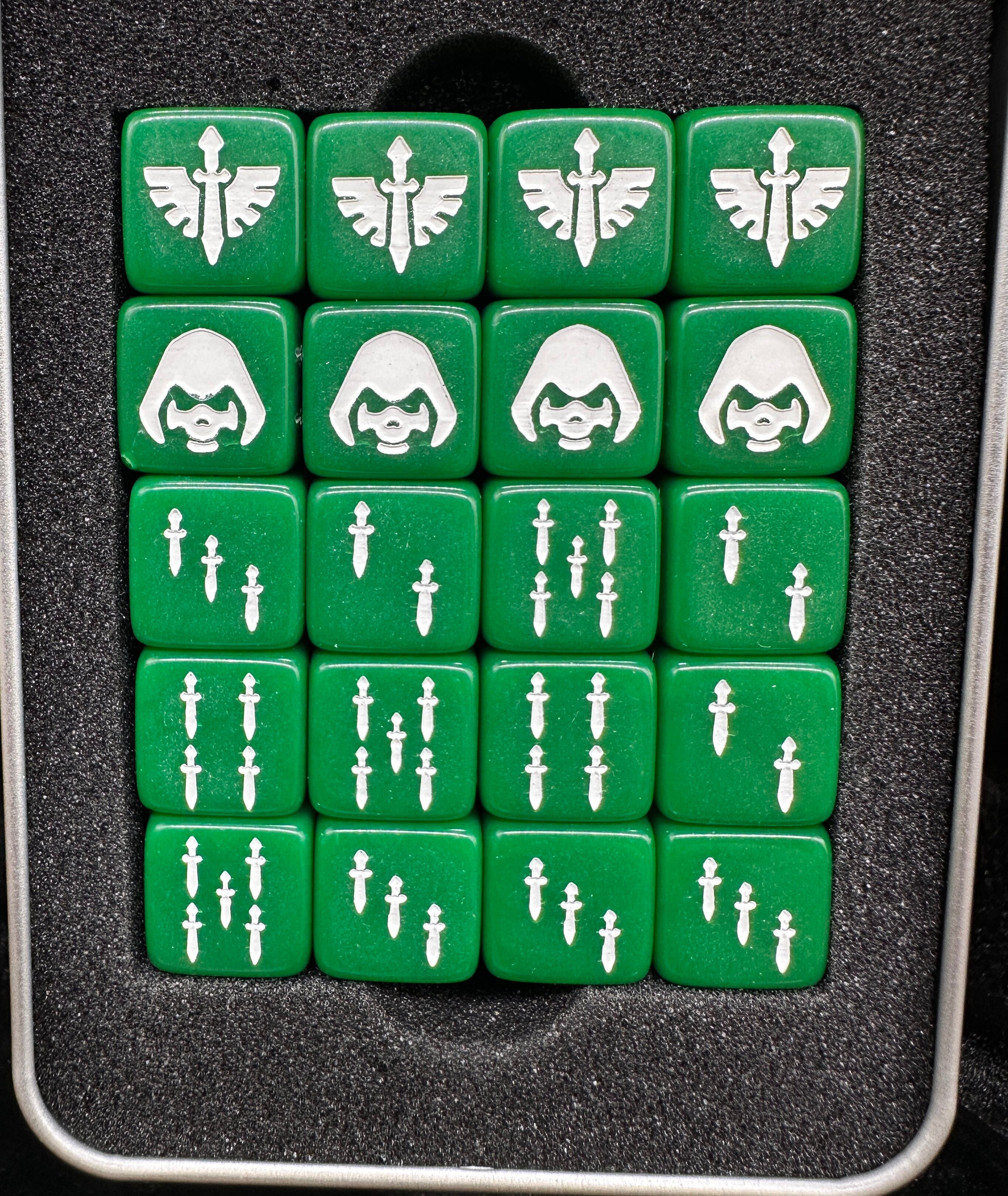 Dark Angels Winged Sword Dice – Warhammer 40K Green Acrylic D6 Set with Dagger Pips