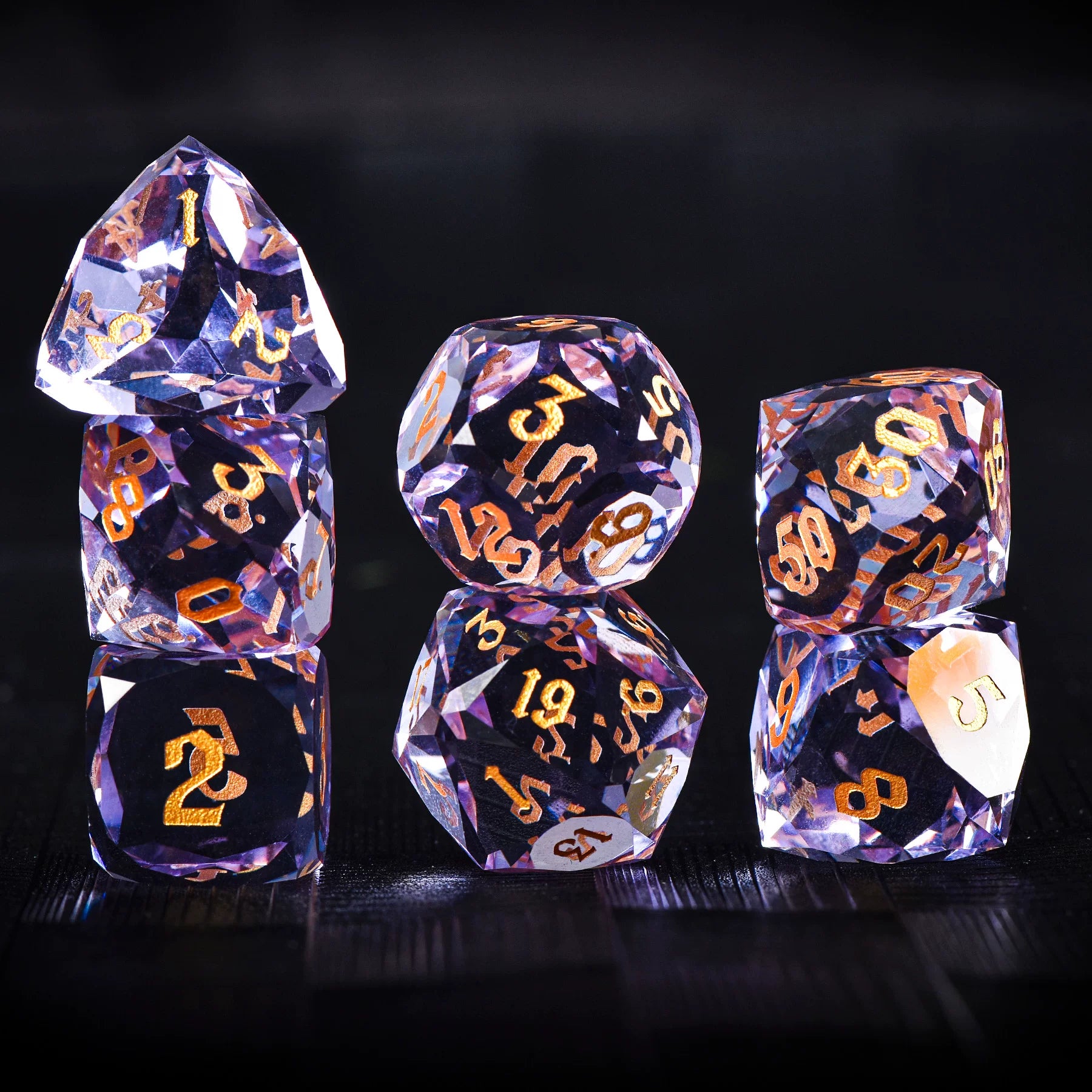 Multi-faceted transparent lavender glass DND dice set