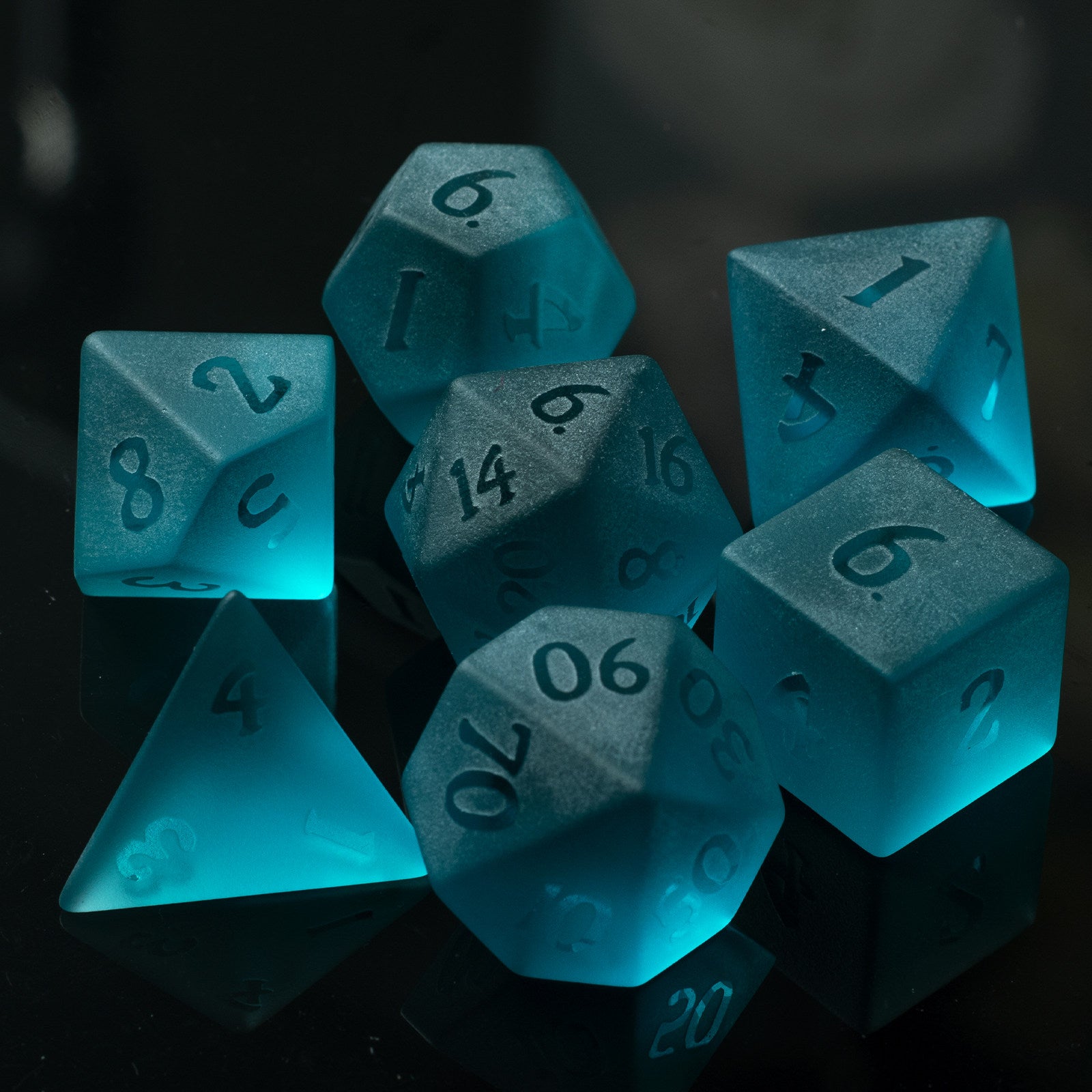 Blue Frosted Glass DND Dice Set with Crackle Finish