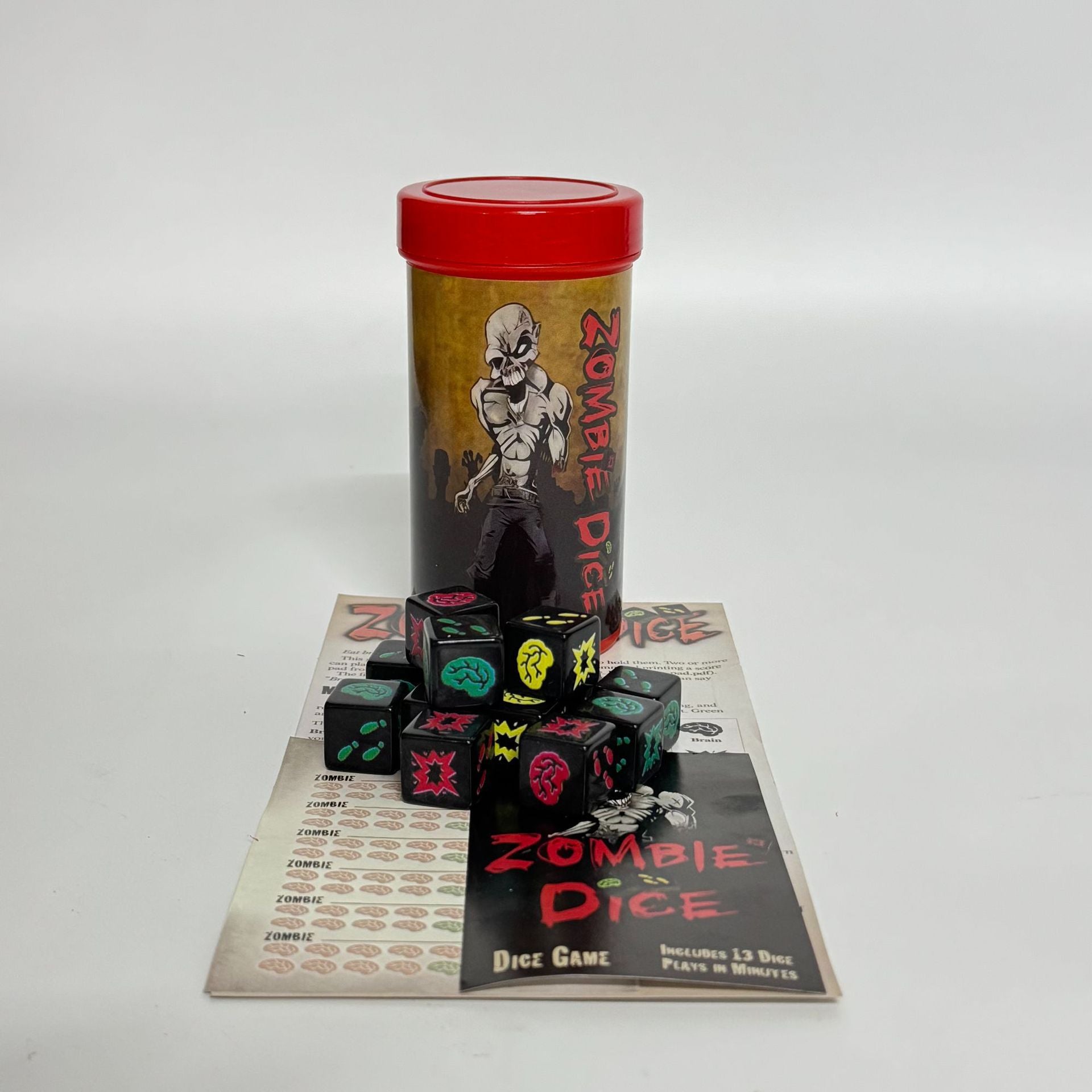 Zombie Dice Board Game Dice Set 13 dice with black background, simple and fun party game