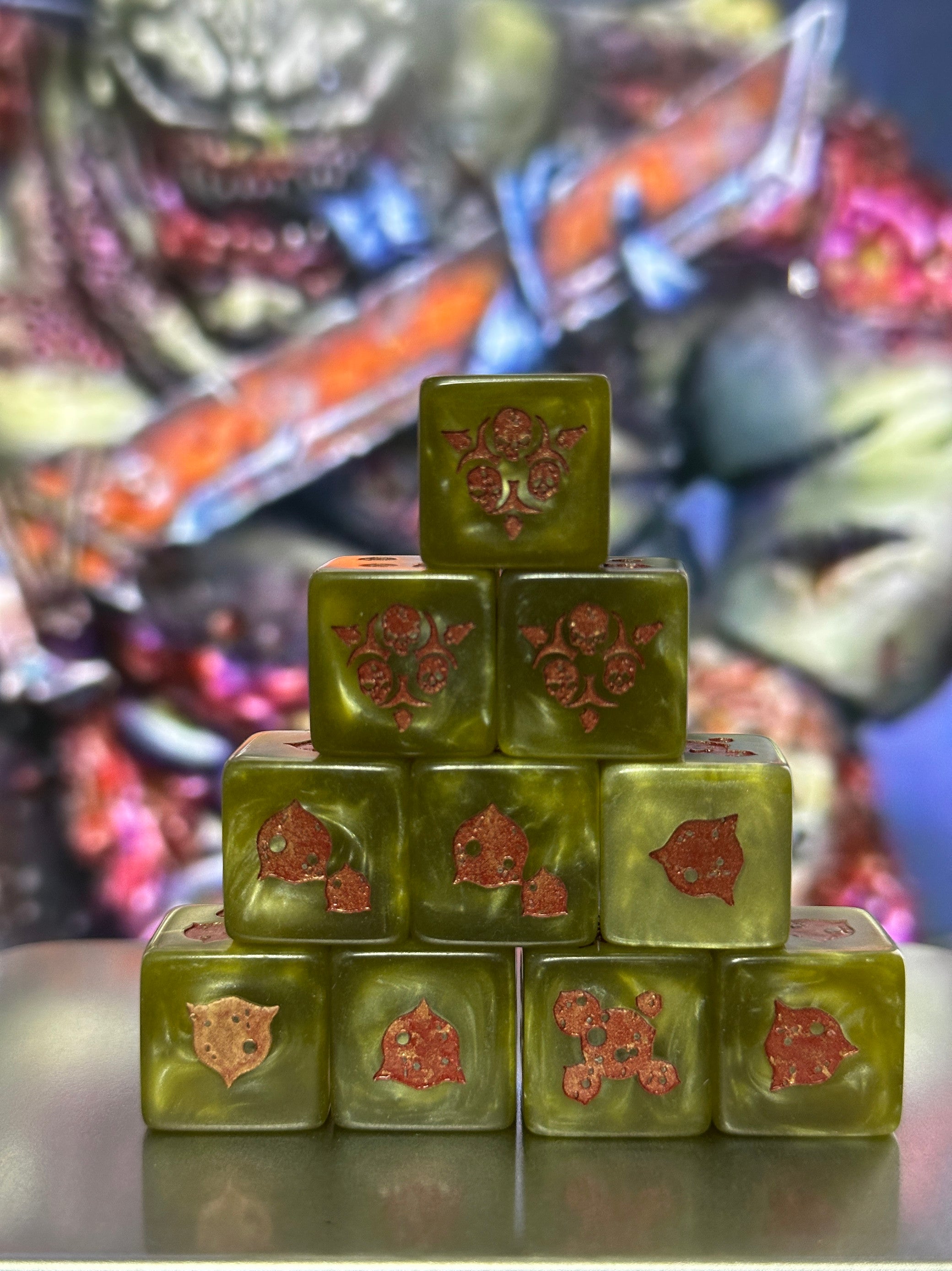 The effect of red rust and pustules is made of dice, Warhammer, 40K dice, the evil god Nurgle, and the death guard dice