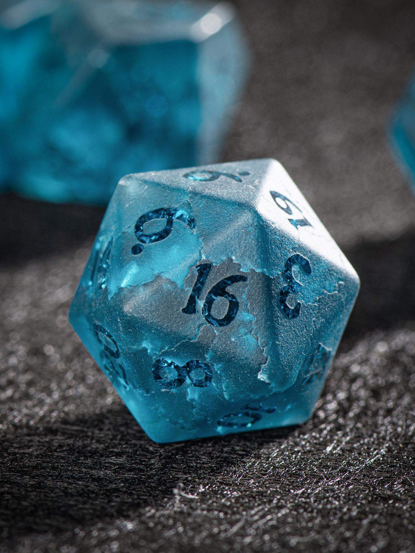 Blue Frosted Glass DND Dice Set with Crackle Finish