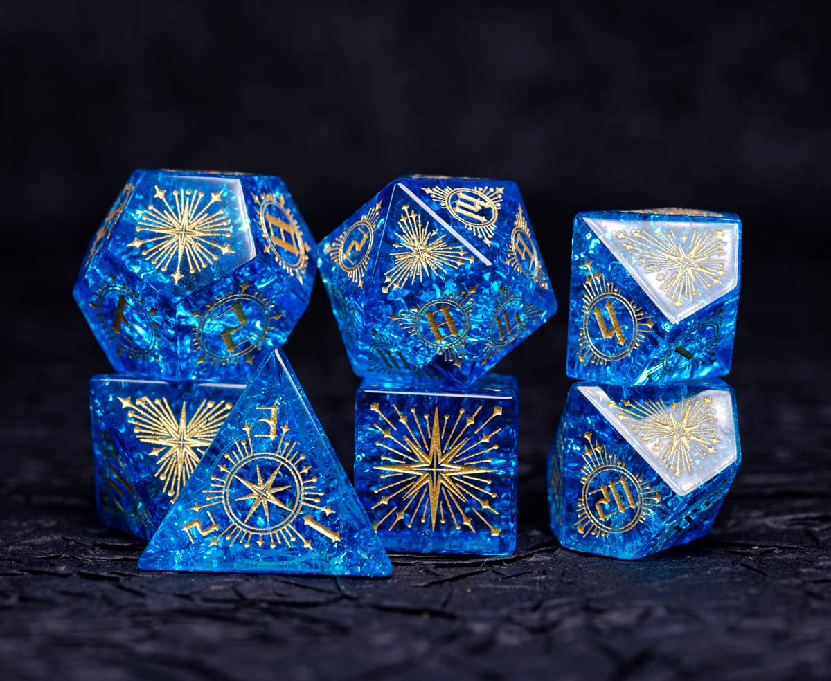 Royal Blue Star-Chart Rune Crackle Glass DND Dice Set