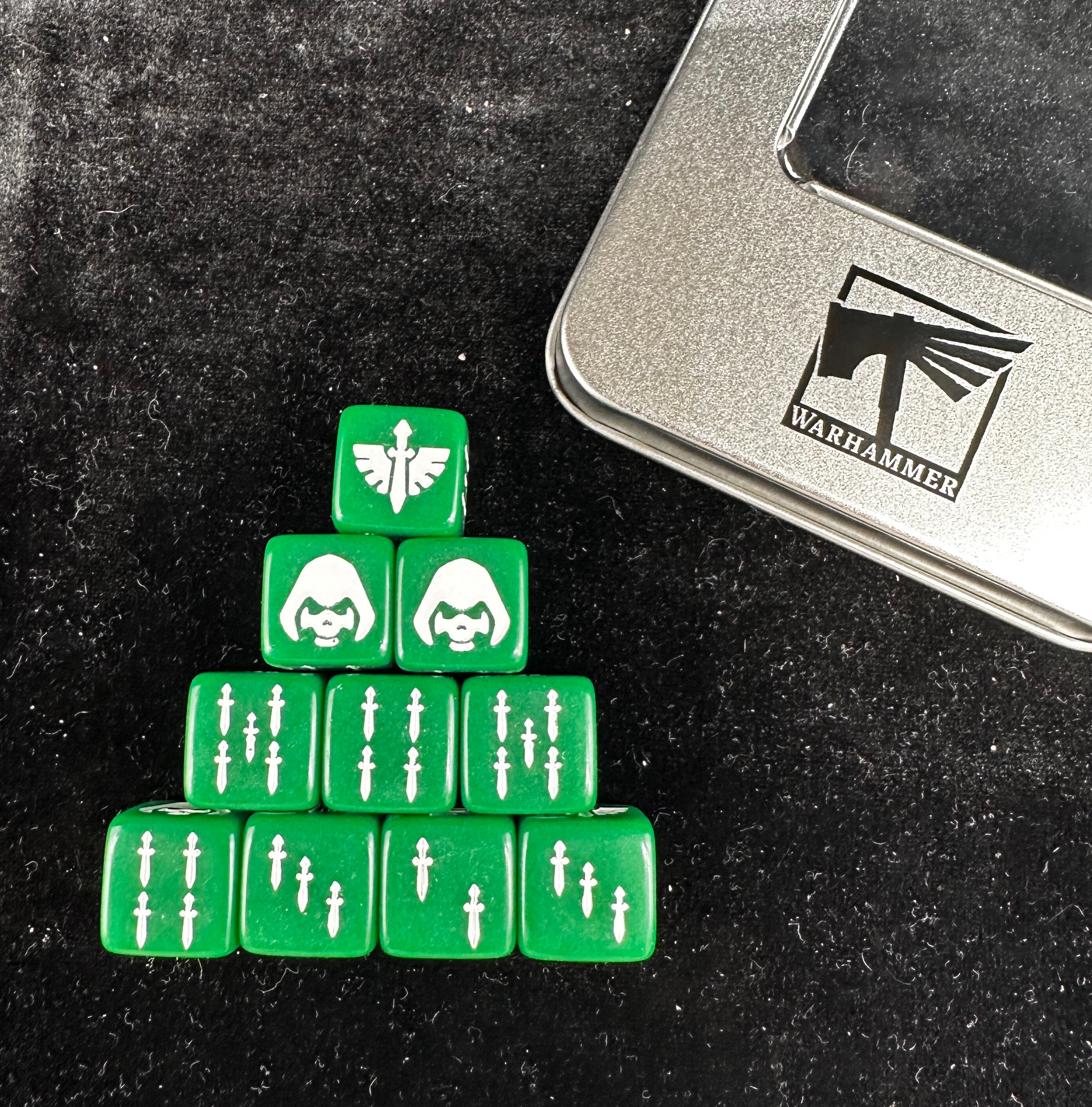 Dark Angels Winged Sword Dice – Warhammer 40K Green Acrylic D6 Set with Dagger Pips
