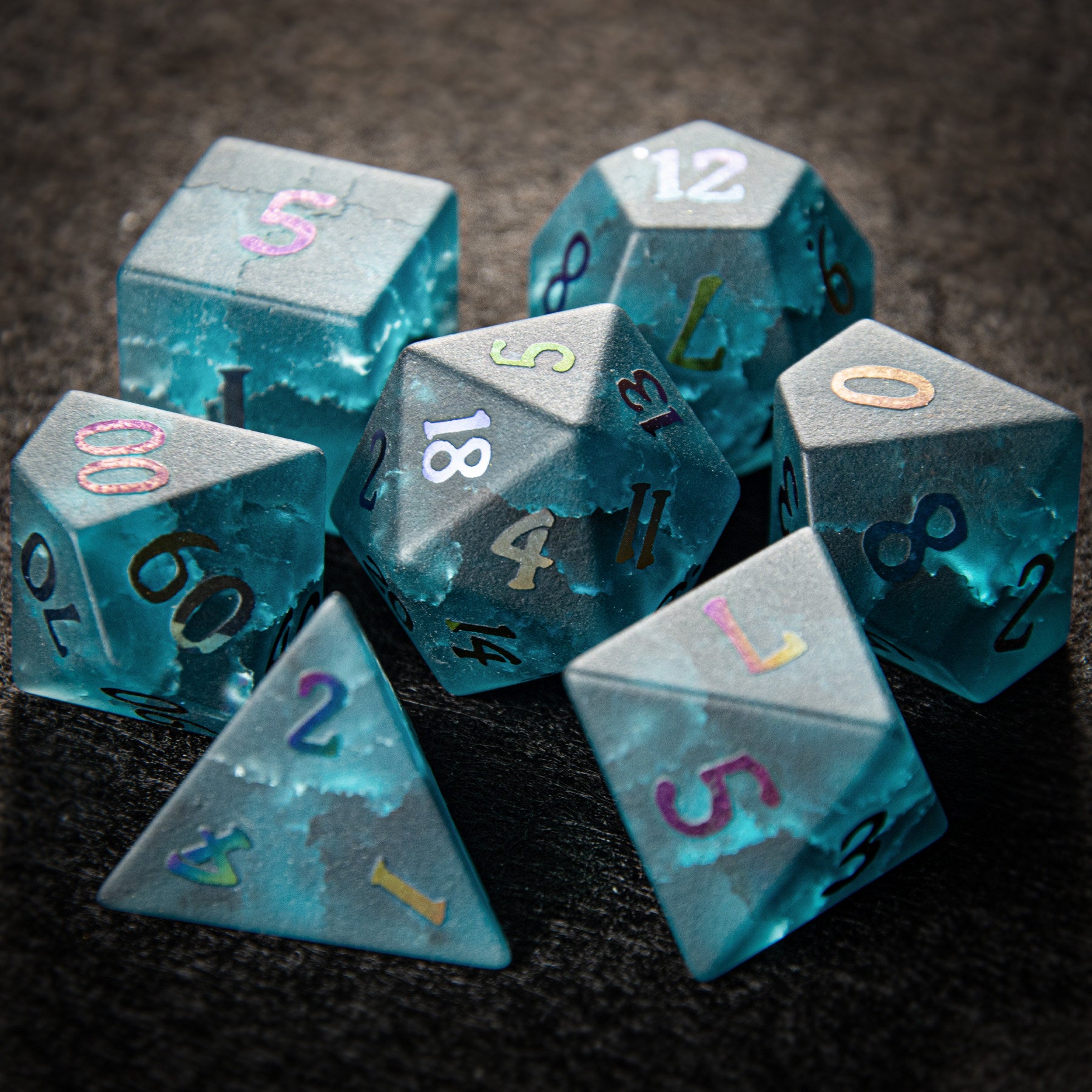 Blue Frosted Glass DND Dice Set with Crackle Finish + Electroplated Colorful Numbers