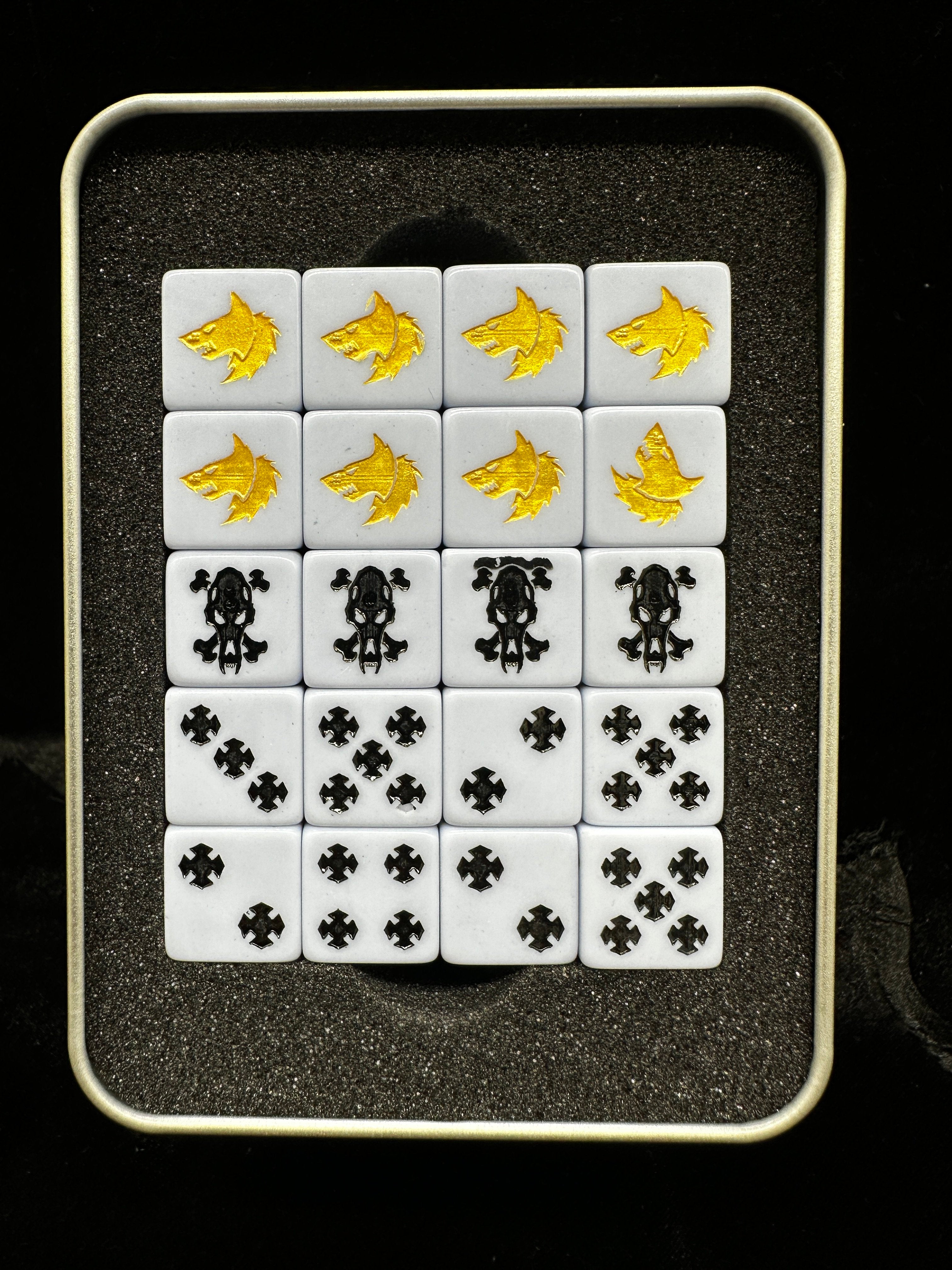 Space Wolves Wolf Head Dice – Warhammer 40K White Acrylic D6 Set with Iron Cross Pips